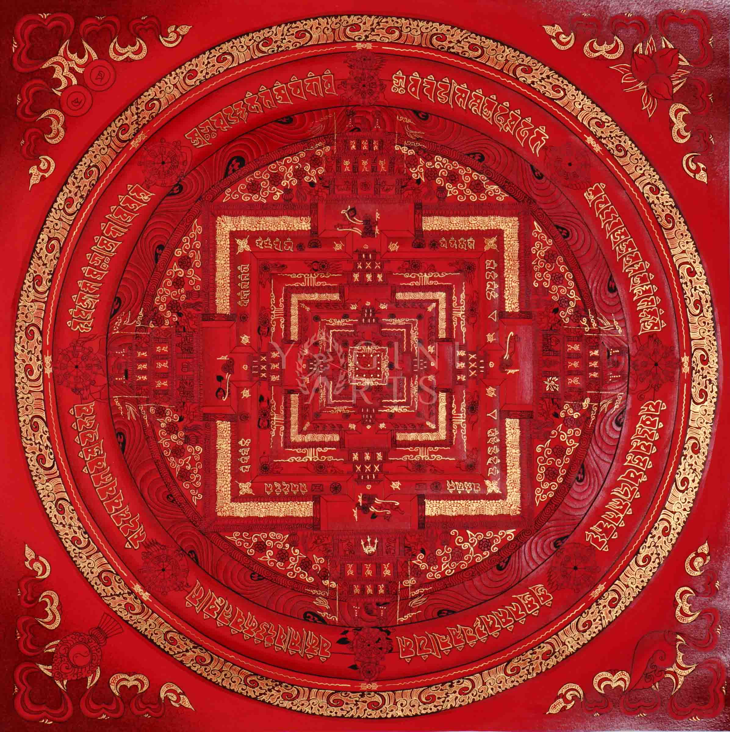 Hand painted deep red Kalachakra Mandala thangka depicting Tibetan Wheel of Time sacred palace with gold detailing