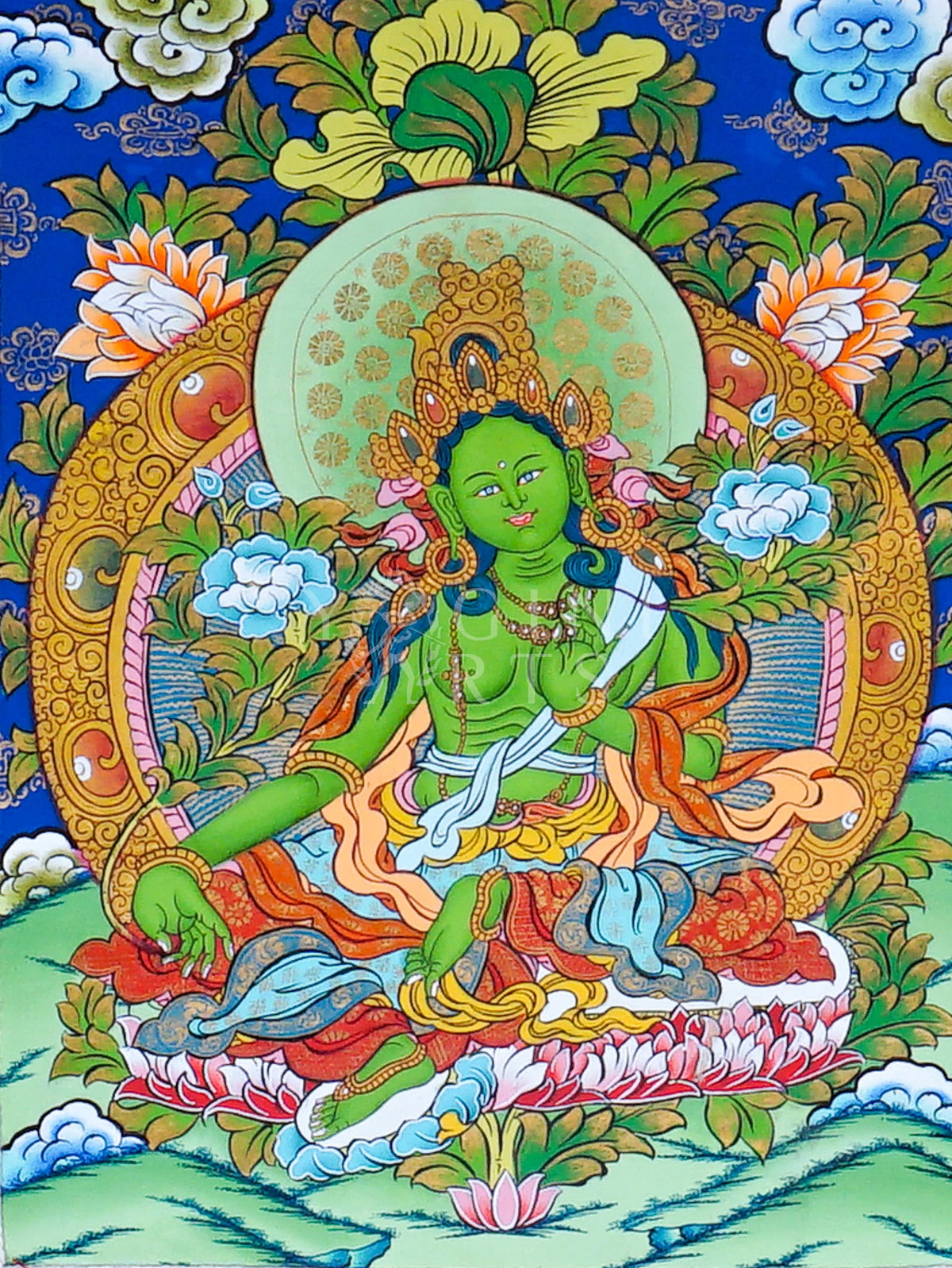 Hand-painted Green Tara Brocade Thangka mounted in traditional Tibetan silk brocade, handcrafted in Nepal for Buddhist meditation, altar decoration, and sacred wall décor.