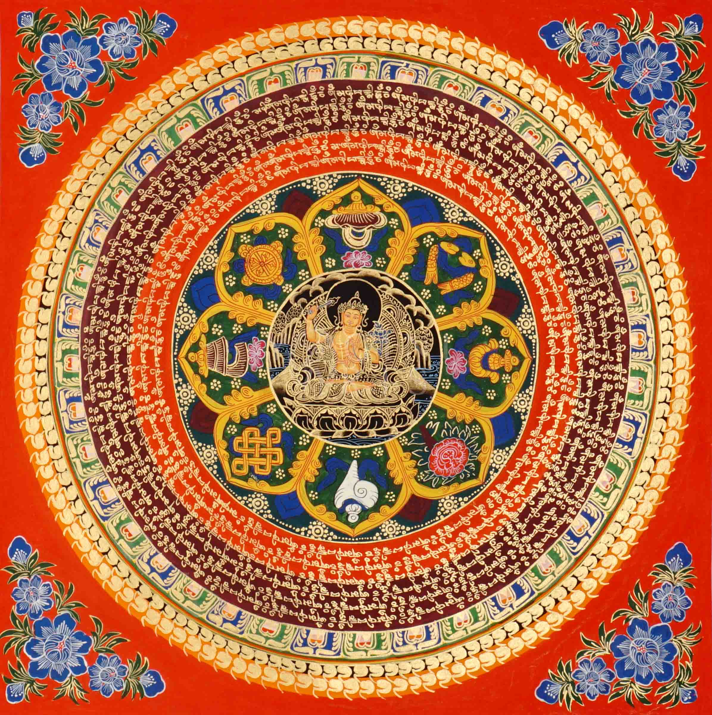 Hand painted Manjushree Mandala thangka depicting Tibetan Bodhisattva of Wisdom surrounded by mantra rings on red background