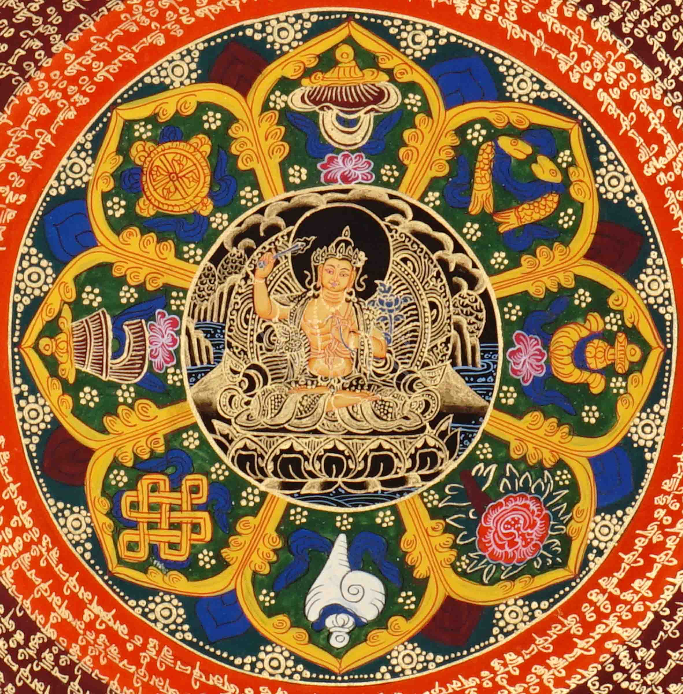 Hand painted Manjushree Mandala thangka depicting Tibetan Bodhisattva of Wisdom surrounded by mantra rings on red background