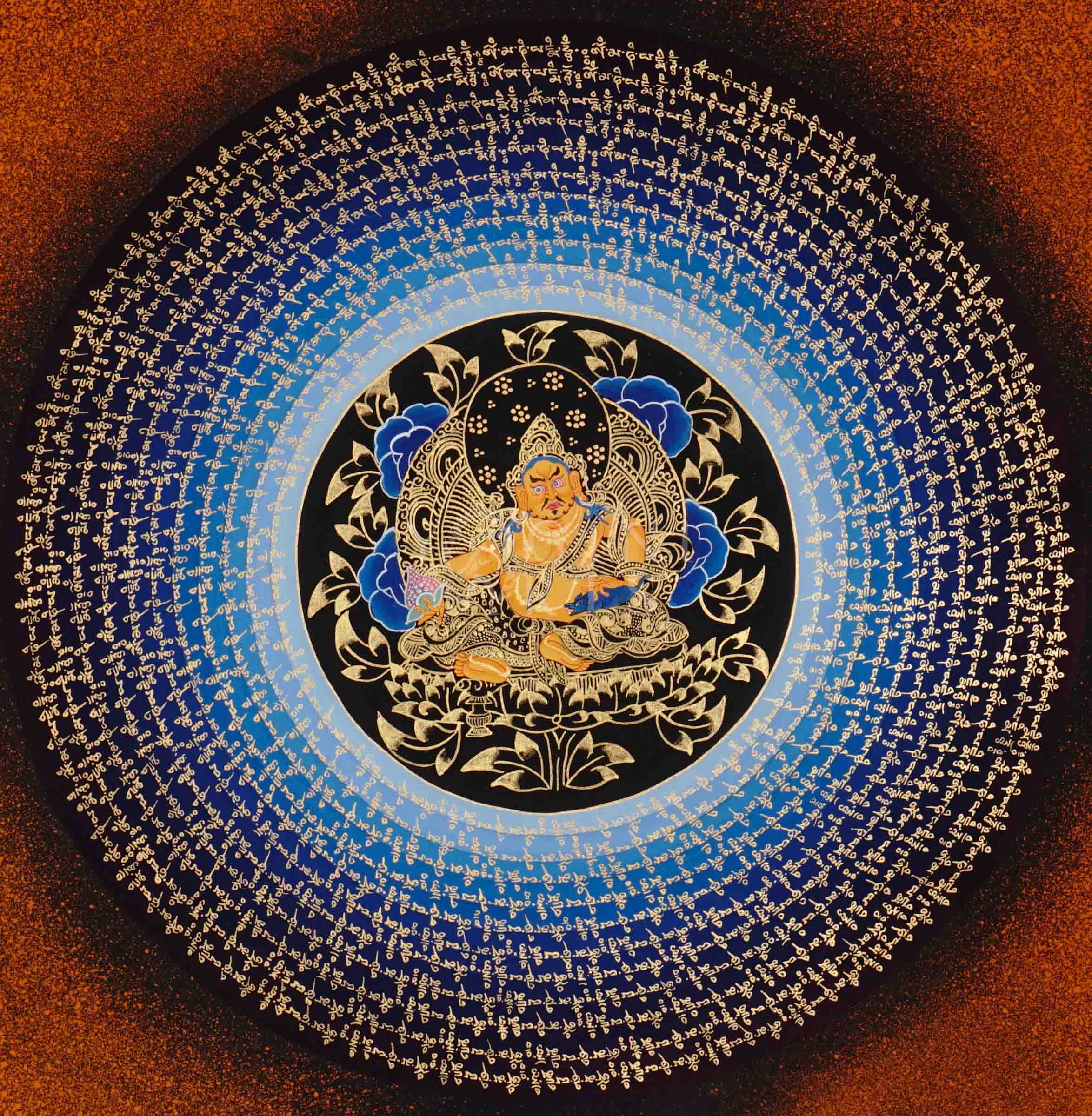 Hand painted Zambhala Mantra Mandala thangka depicting Tibetan wealth deity surrounded by concentric mantra rings on blue gradient background