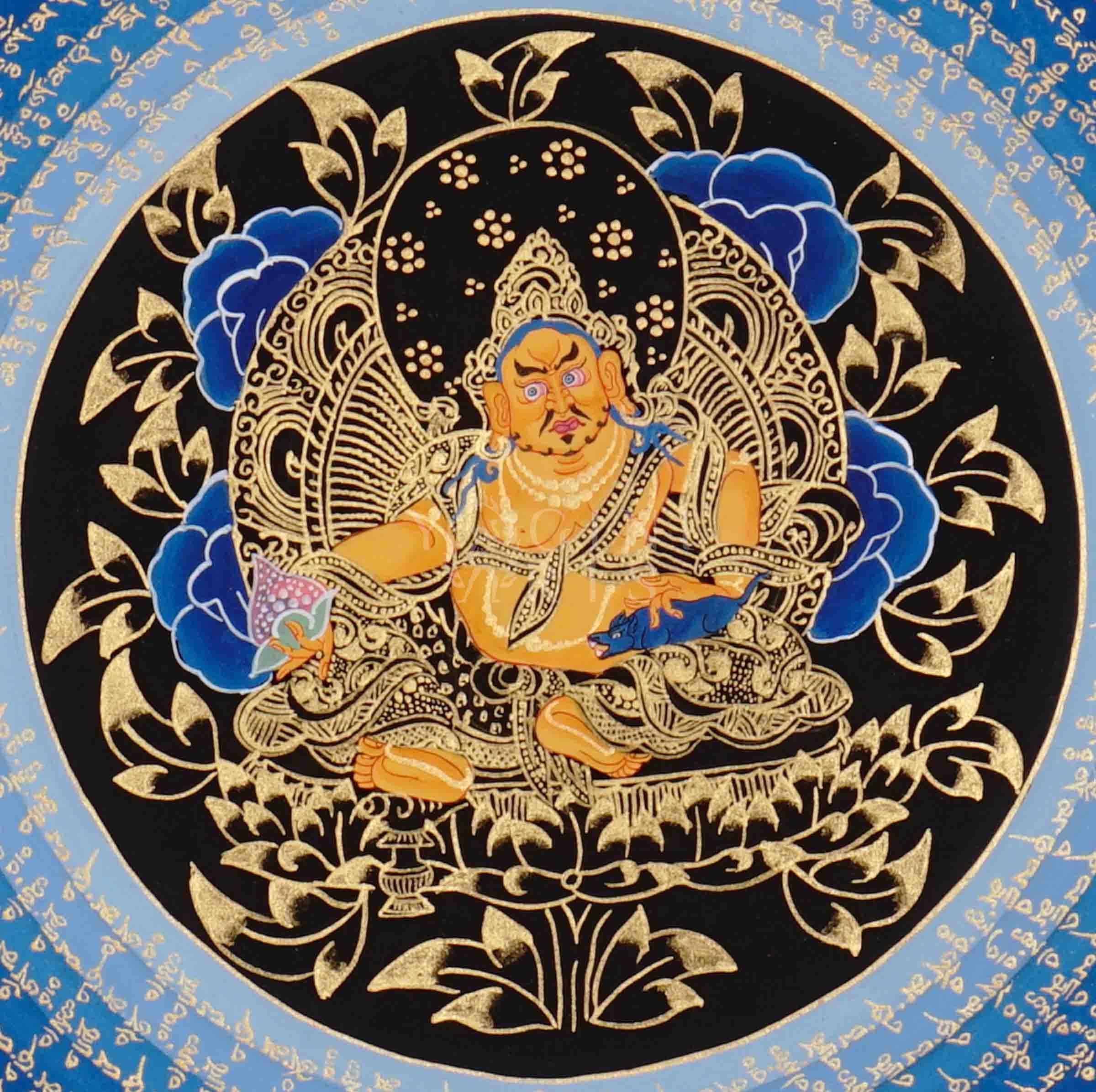 Hand painted Zambhala Mantra Mandala thangka depicting Tibetan wealth deity surrounded by concentric mantra rings on blue gradient background
