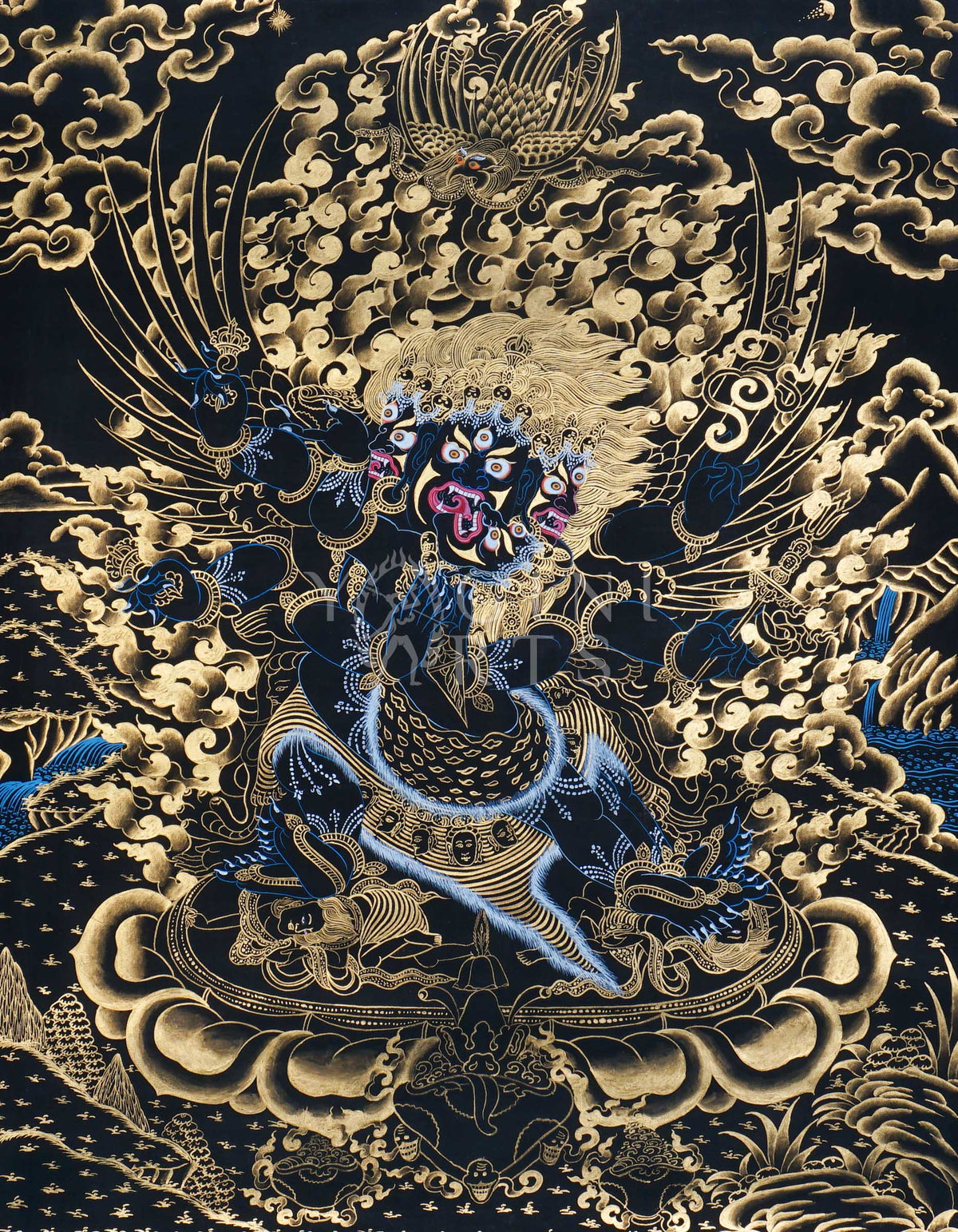 Hand-painted Gold-on-Black Vajrakilaya Thangka depicting the wrathful multi-armed Dorje Phurba with wisdom flames, sacred implements, and genuine gold detailing.