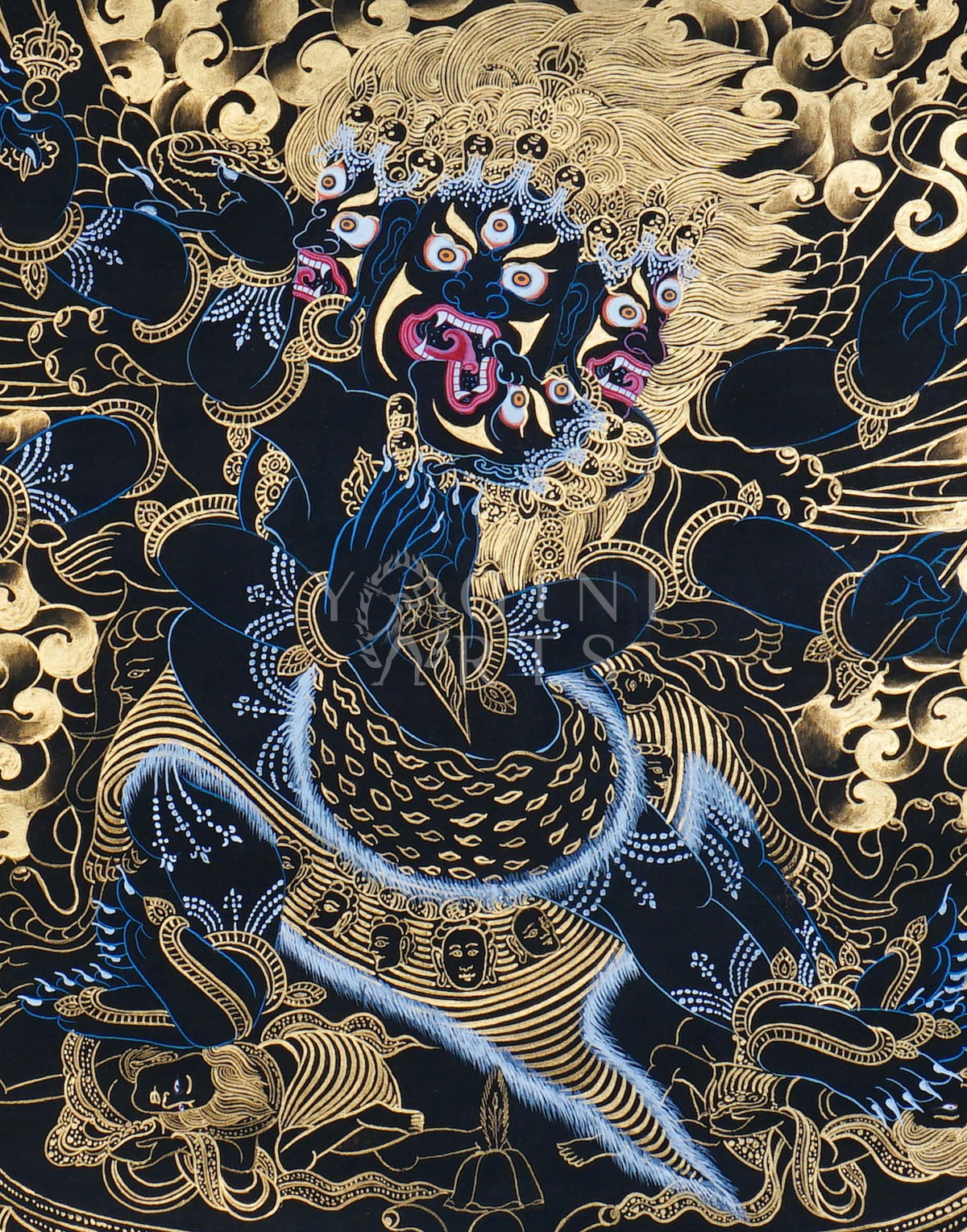 Hand-painted Gold-on-Black Vajrakilaya Thangka depicting the wrathful multi-armed Dorje Phurba with wisdom flames, sacred implements, and genuine gold detailing.