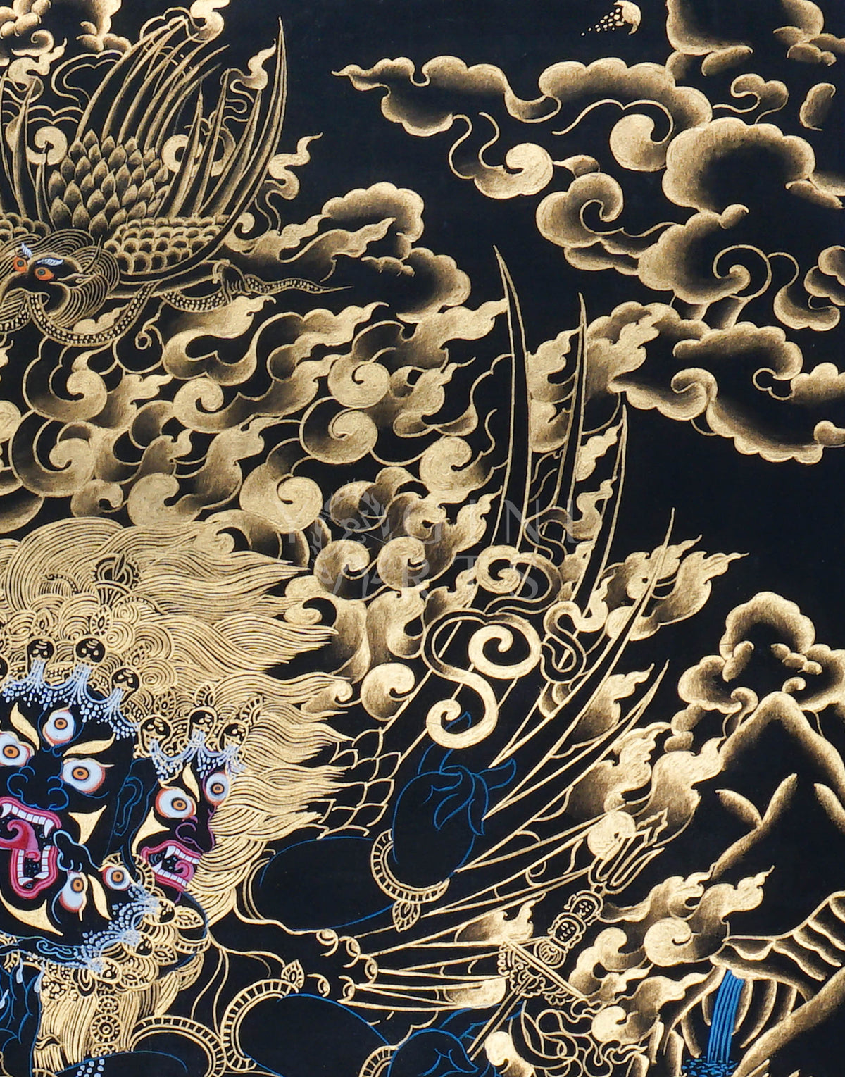 Hand-painted Gold-on-Black Vajrakilaya Thangka depicting the wrathful multi-armed Dorje Phurba with wisdom flames, sacred implements, and genuine gold detailing.
