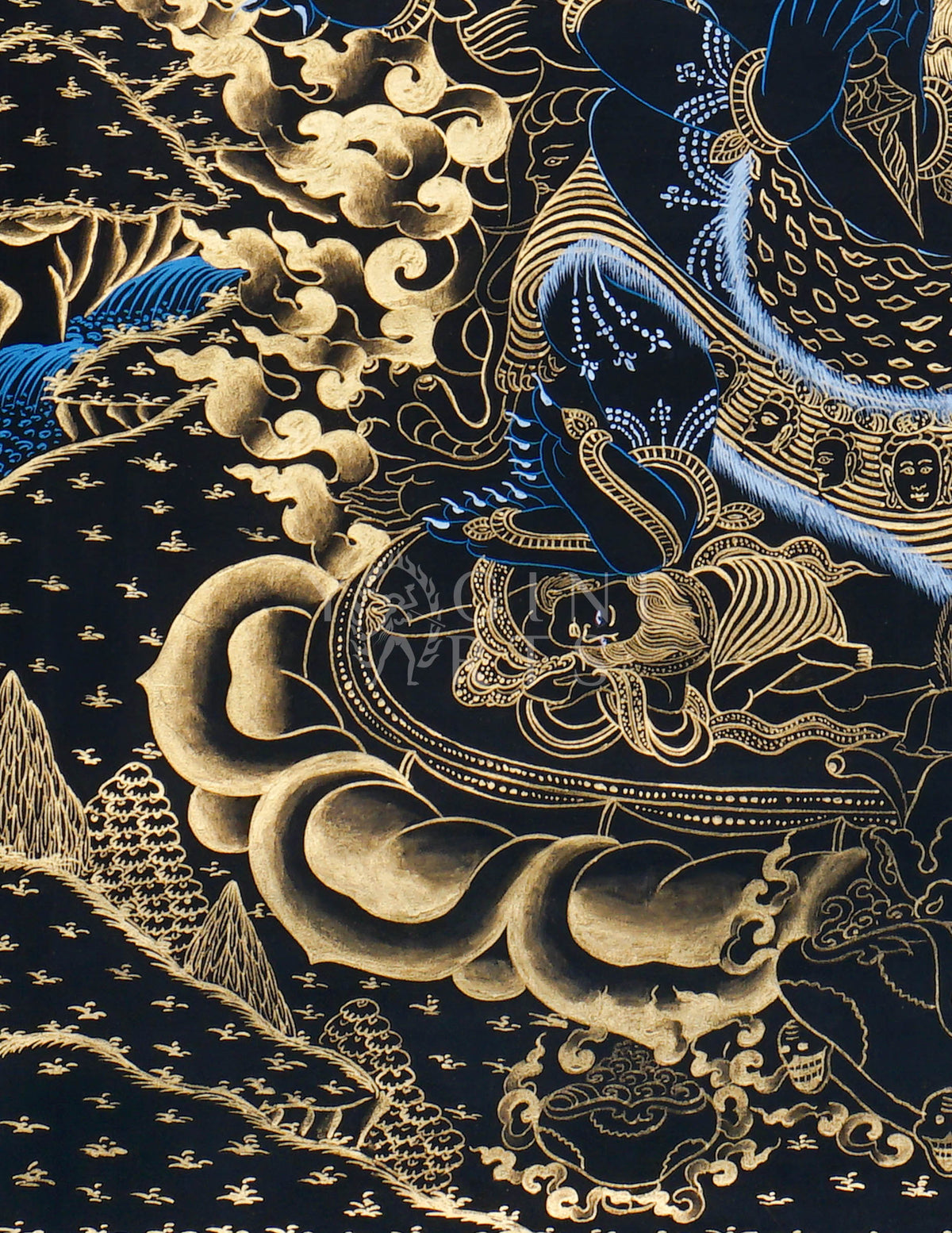 Hand-painted Gold-on-Black Vajrakilaya Thangka depicting the wrathful multi-armed Dorje Phurba with wisdom flames, sacred implements, and genuine gold detailing.