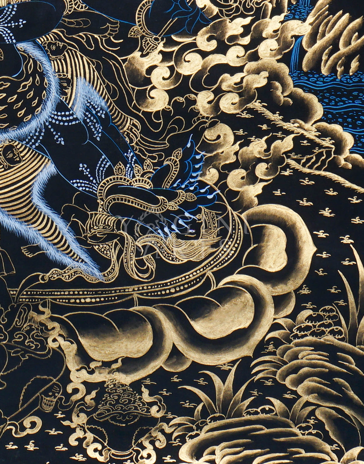 Hand-painted Gold-on-Black Vajrakilaya Thangka depicting the wrathful multi-armed Dorje Phurba with wisdom flames, sacred implements, and genuine gold detailing.