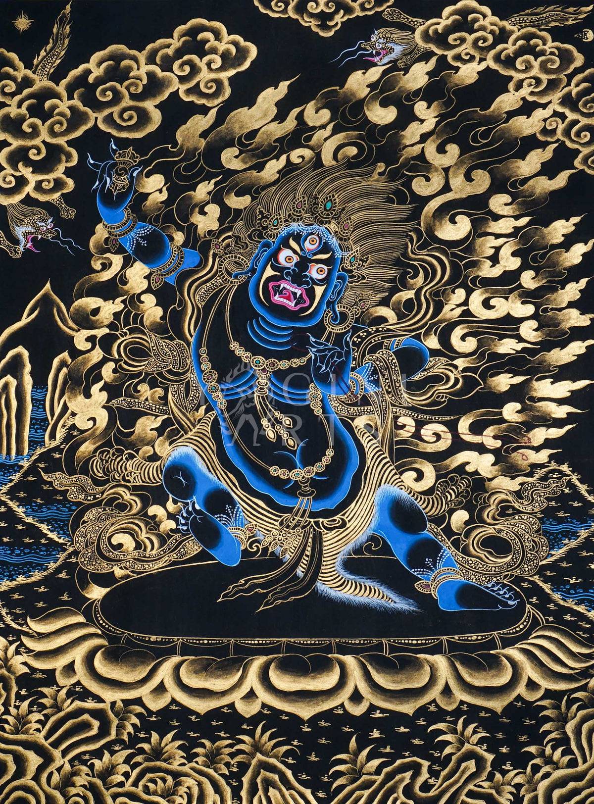 Hand-painted Gold-on-Black Vajrapani Thangka depicting the wrathful Bodhisattva holding a vajra with genuine gold detailing, celestial dragons, and Himalayan landscape.