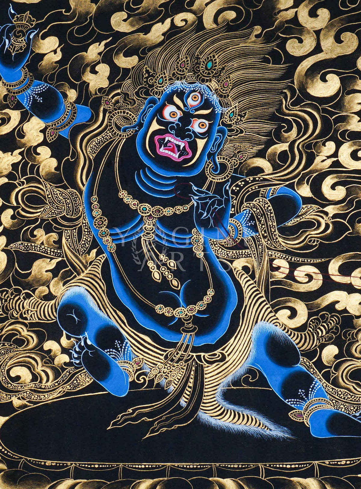 Hand-painted Gold-on-Black Vajrapani Thangka depicting the wrathful Bodhisattva holding a vajra with genuine gold detailing, celestial dragons, and Himalayan landscape.
