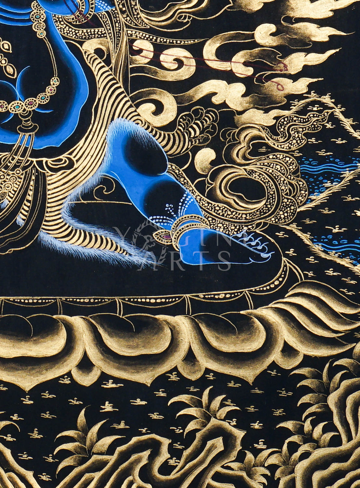 Hand-painted Gold-on-Black Vajrapani Thangka depicting the wrathful Bodhisattva holding a vajra with genuine gold detailing, celestial dragons, and Himalayan landscape.