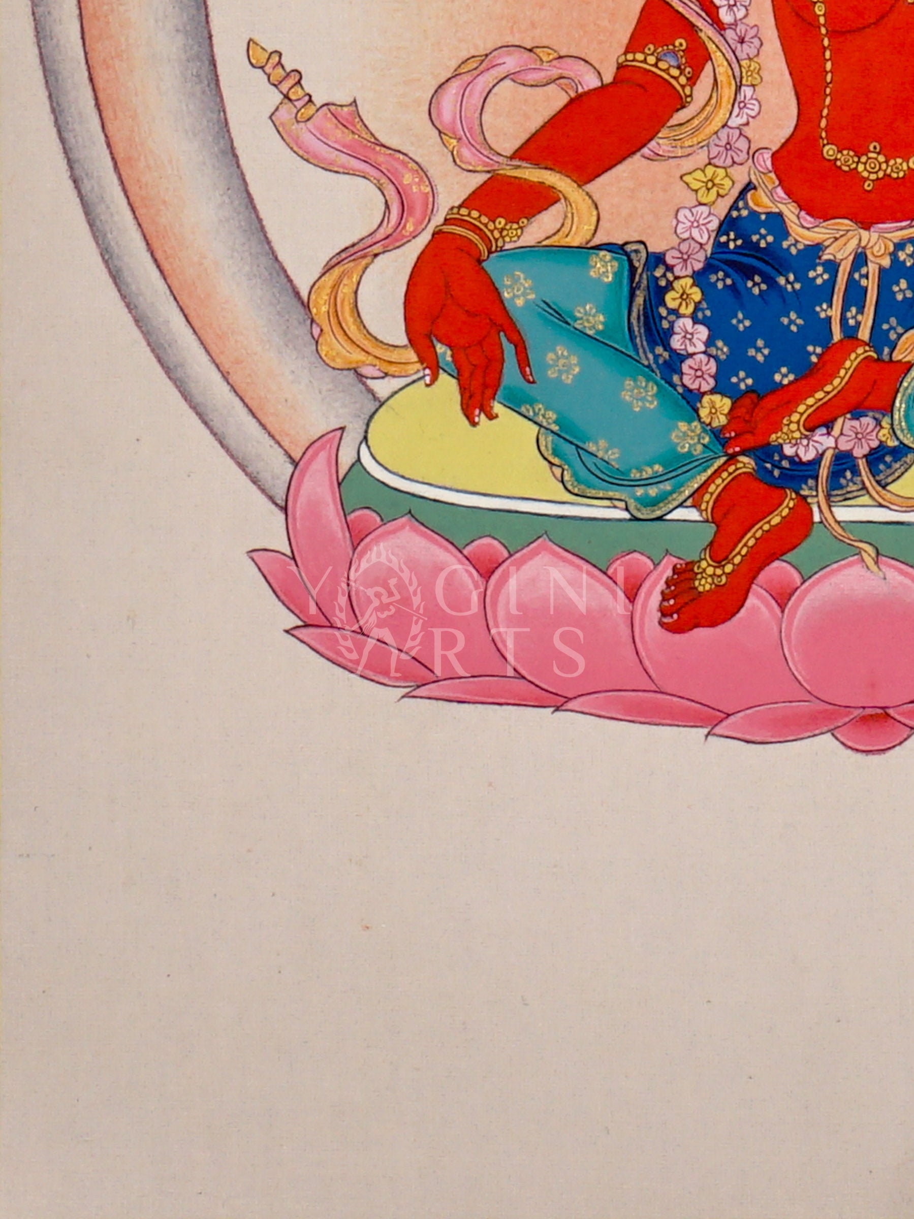 Red Tara Tibetan Buddhist thangka featuring red goddess seated on pink lotus throne holding lotus flower