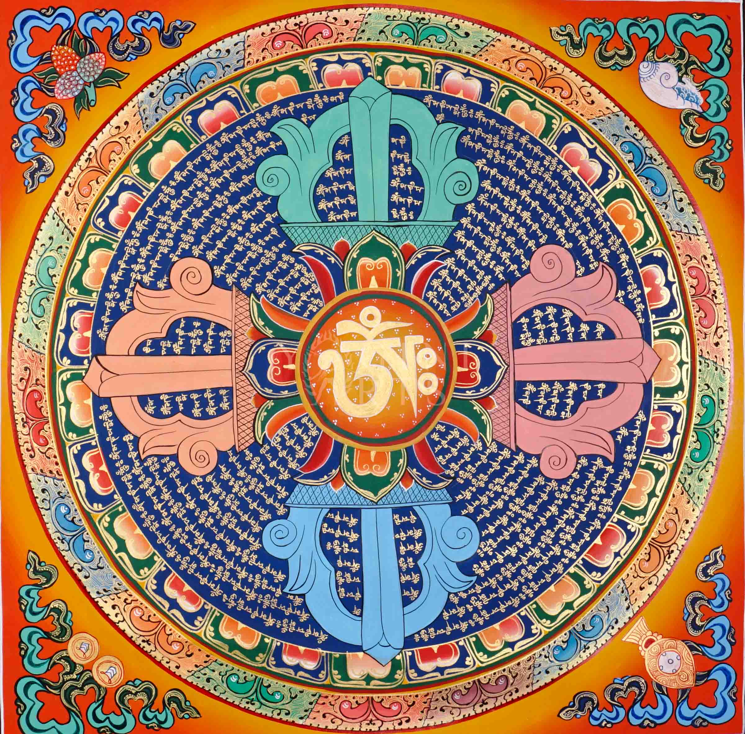 Hand painted Om Mantra Mandala thangka depicting sacred Tibetan seed syllable surrounded by concentric mantra rings on vibrant background