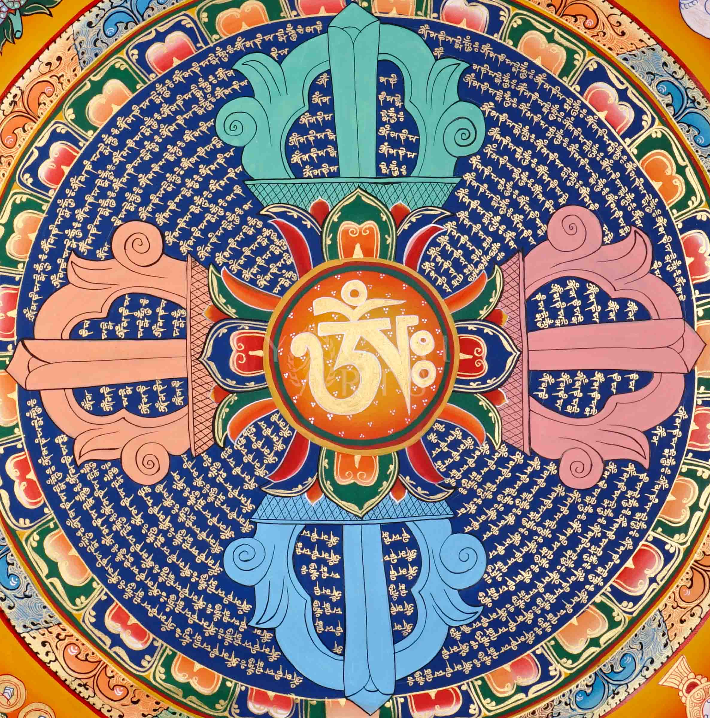 Hand painted Om Mantra Mandala thangka depicting sacred Tibetan seed syllable surrounded by concentric mantra rings on vibrant background