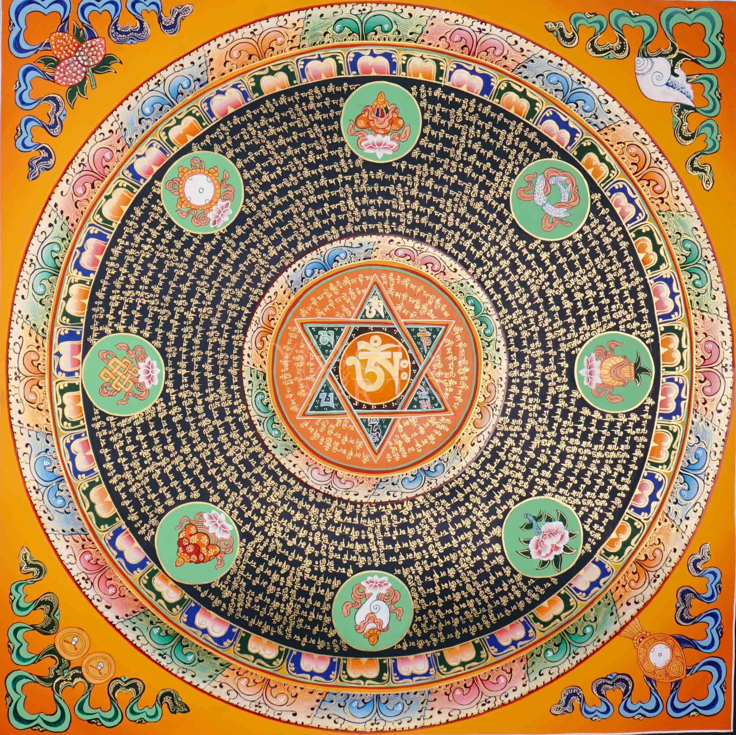Hand-painted Tibetan Mantra Mandala Thangka with central Om symbol, six-pointed star, and concentric mantra inscriptions on orange background