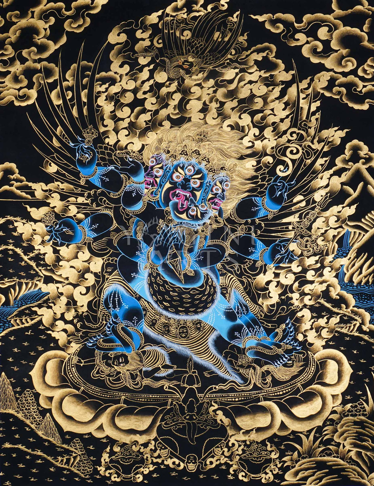 Hand-painted Gold-on-Black Vajrakilaya Thangka depicting the three-faced multi-armed wrathful yidam with genuine gold detailing in traditional Tibetan Nakthang style.