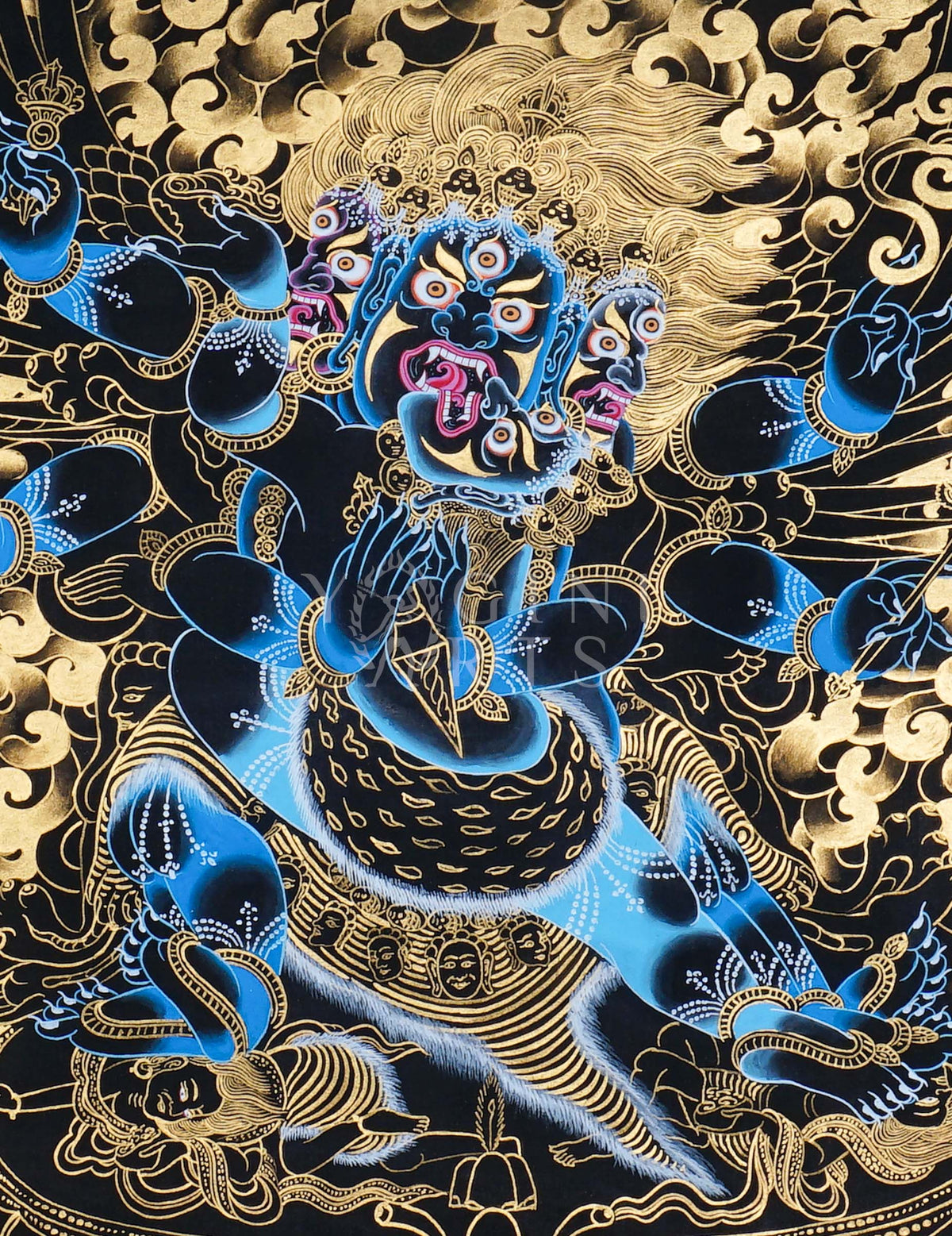 Hand-painted Gold-on-Black Vajrakilaya Thangka depicting the three-faced multi-armed wrathful yidam with genuine gold detailing in traditional Tibetan Nakthang style.