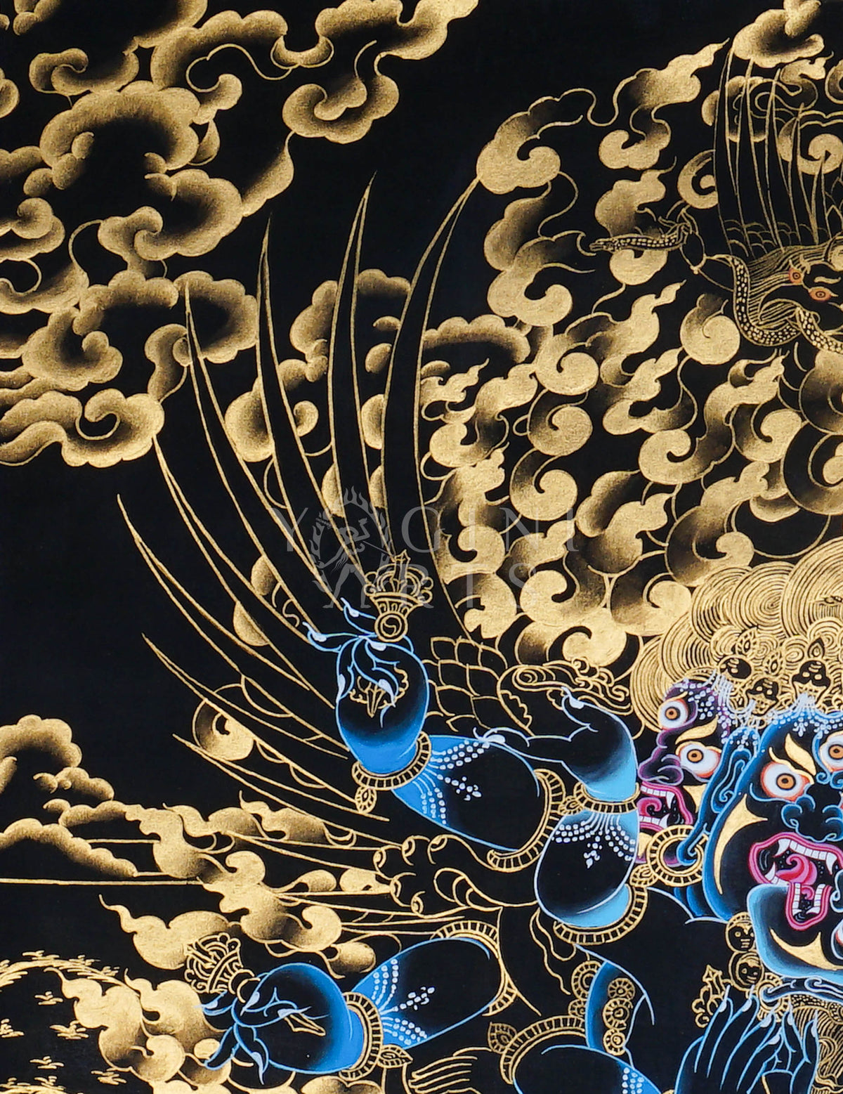 Hand-painted Gold-on-Black Vajrakilaya Thangka depicting the three-faced multi-armed wrathful yidam with genuine gold detailing in traditional Tibetan Nakthang style.