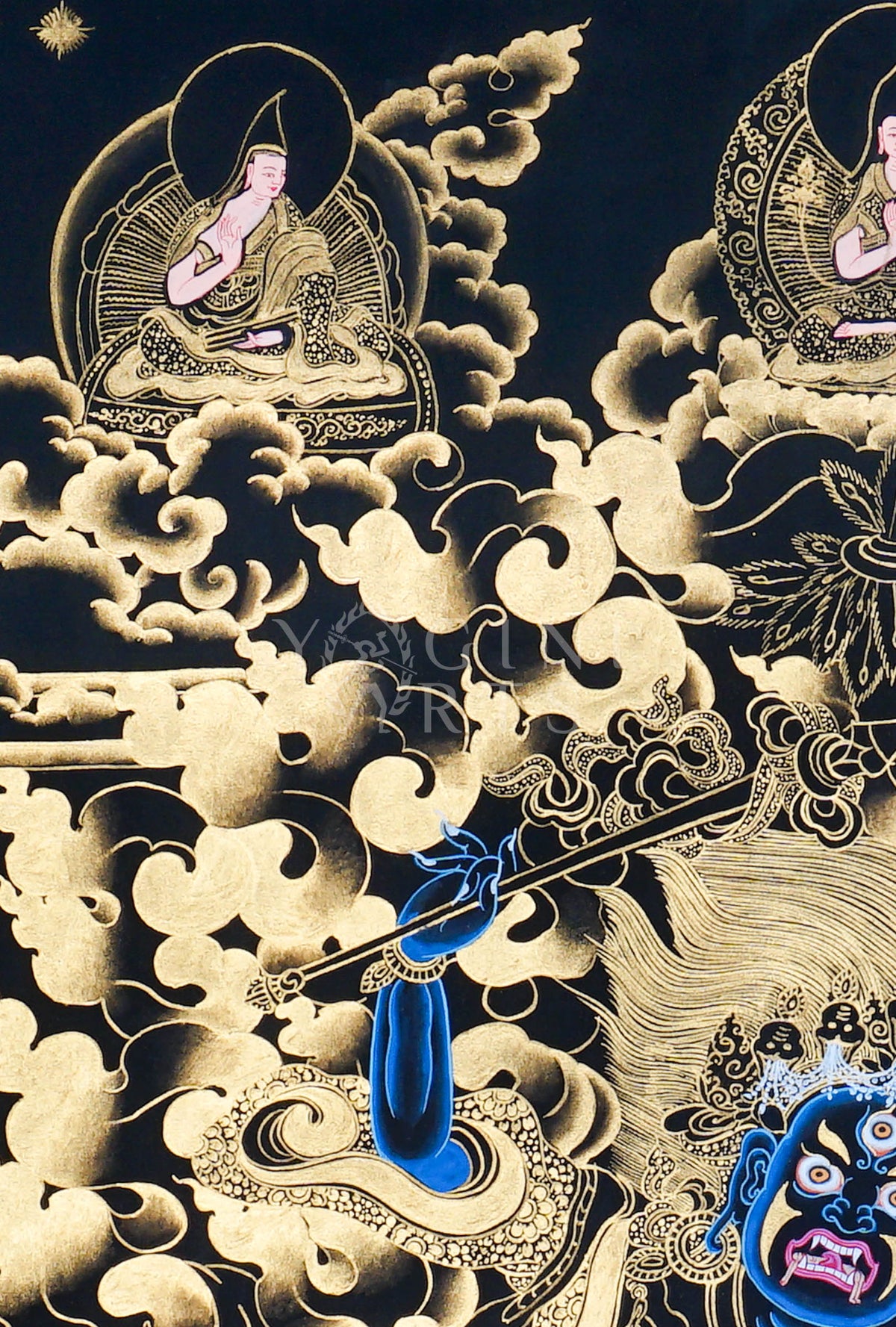 Hand-painted Gold-on-Black Palden Lhamo Thangka depicting the wrathful female Dharma Protector riding a mule with genuine gold detailing in traditional Tibetan Nakthang style.