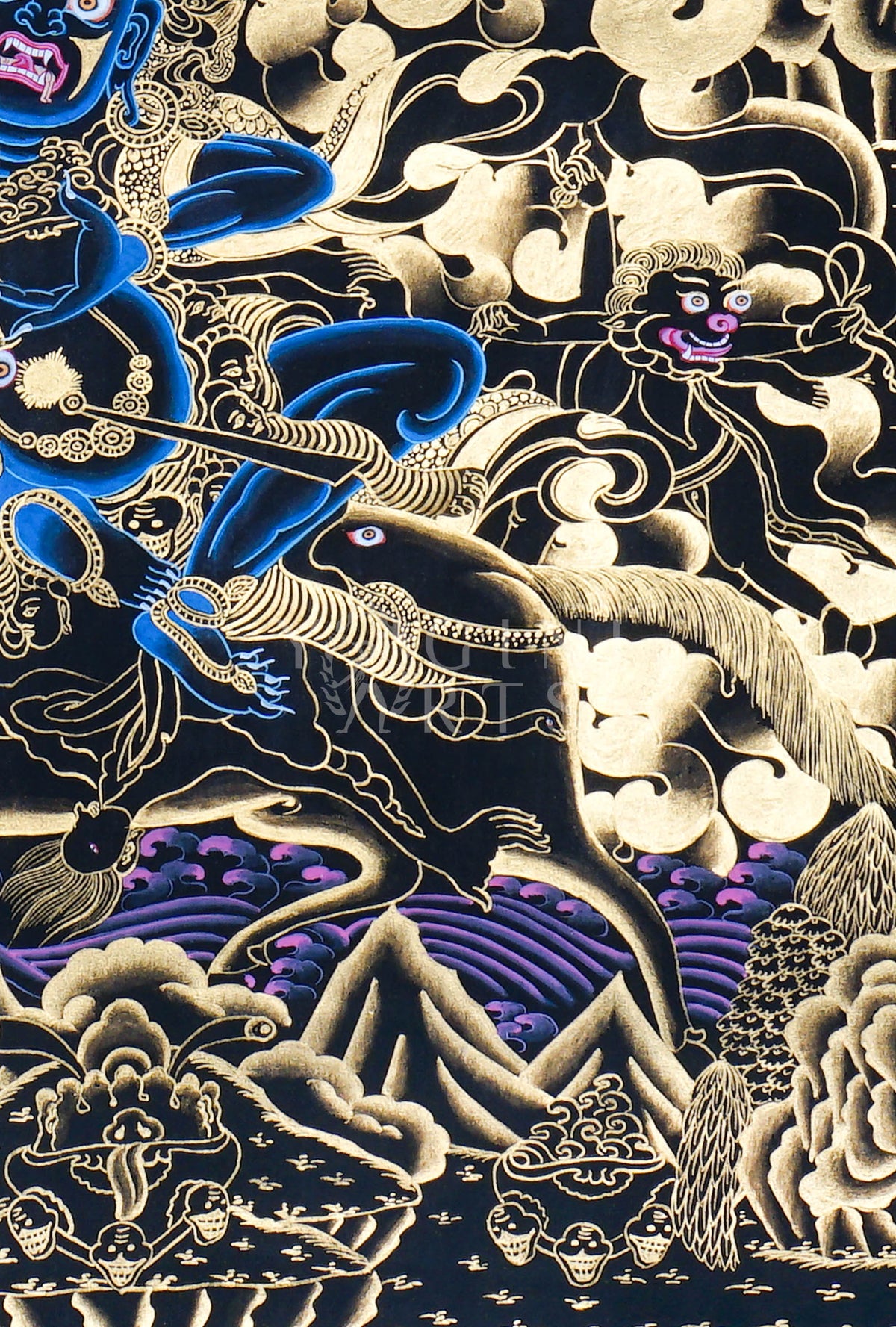 Hand-painted Gold-on-Black Palden Lhamo Thangka depicting the wrathful female Dharma Protector riding a mule with genuine gold detailing in traditional Tibetan Nakthang style.