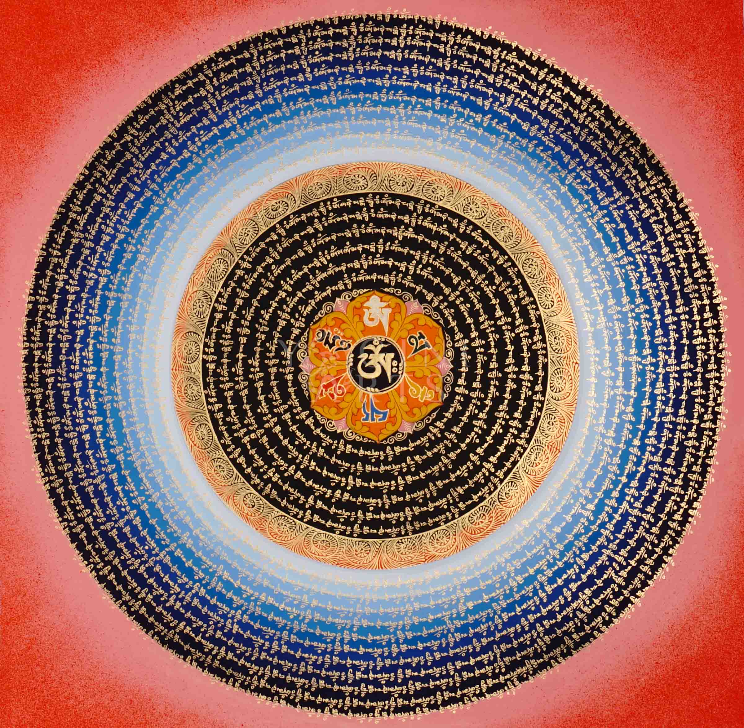 Hand-painted Mantra Mandala Thangka with concentric circles of golden Tibetan script and central sacred syllable on red and blue background.