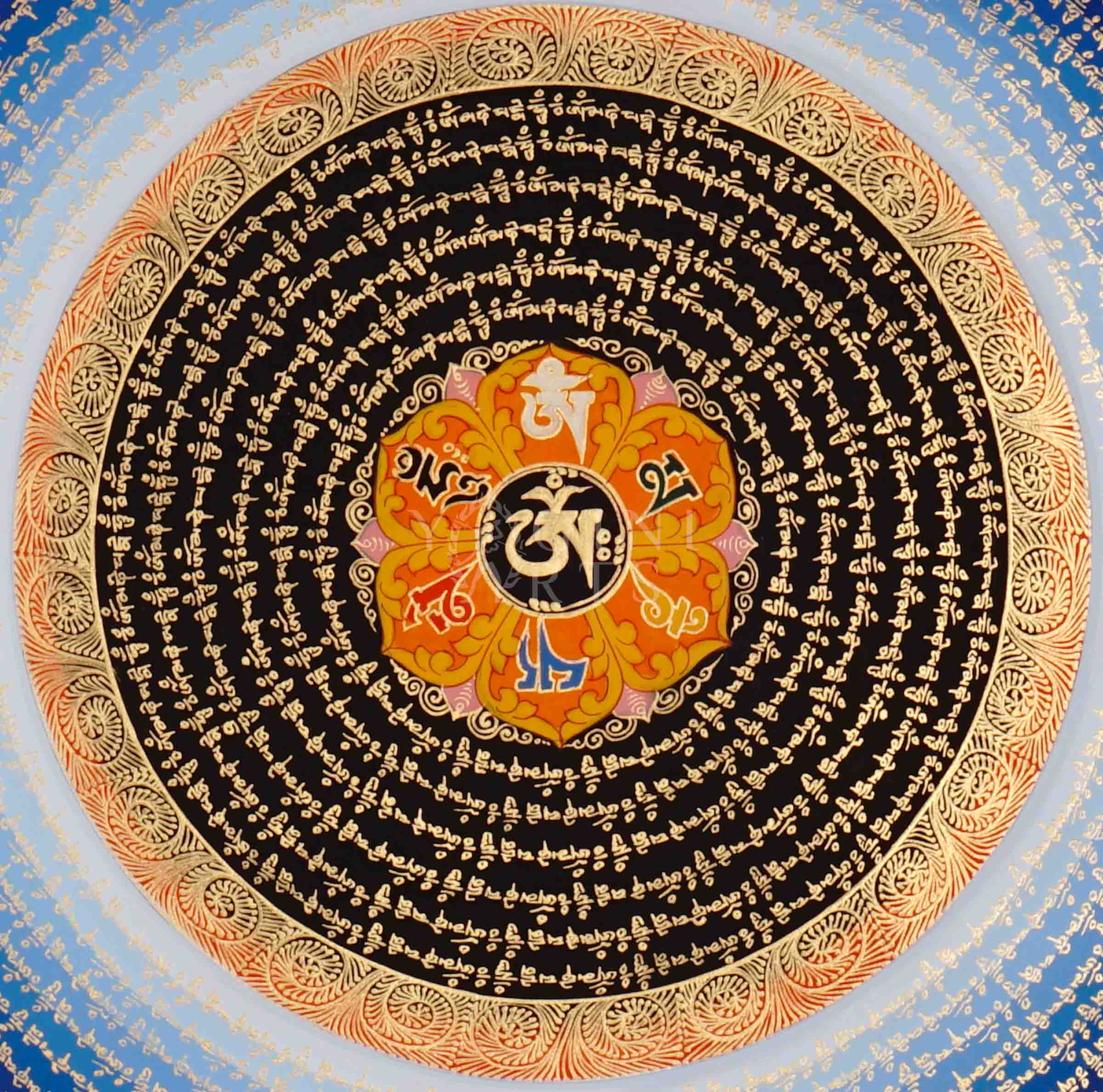 Hand-painted Mantra Mandala Thangka with concentric circles of golden Tibetan script and central sacred syllable on red and blue background.