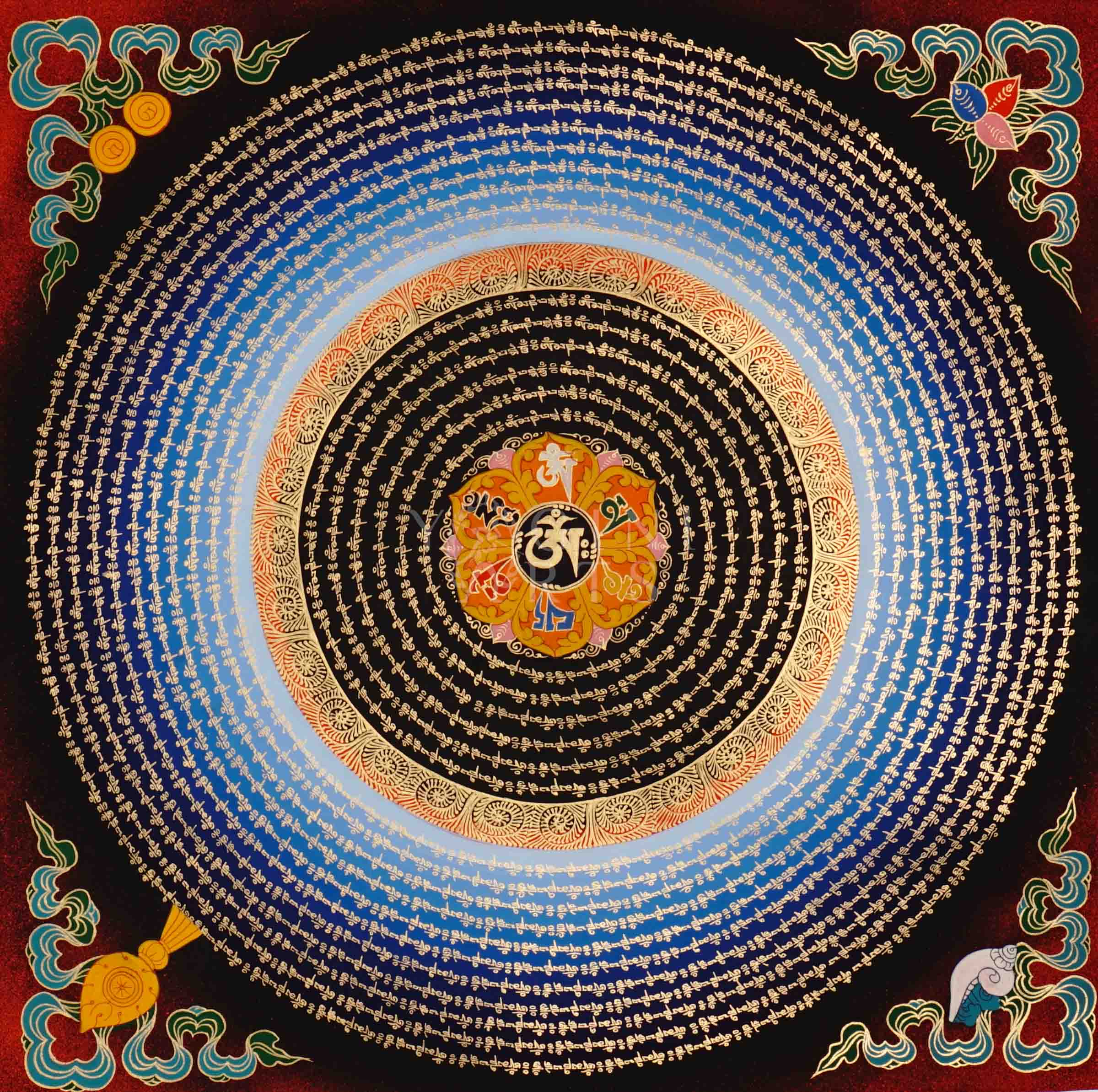 Hand-painted Mantra Mandala Thangka with concentric golden Tibetan mantra script, central seed syllable, and traditional auspicious symbols in the corners.