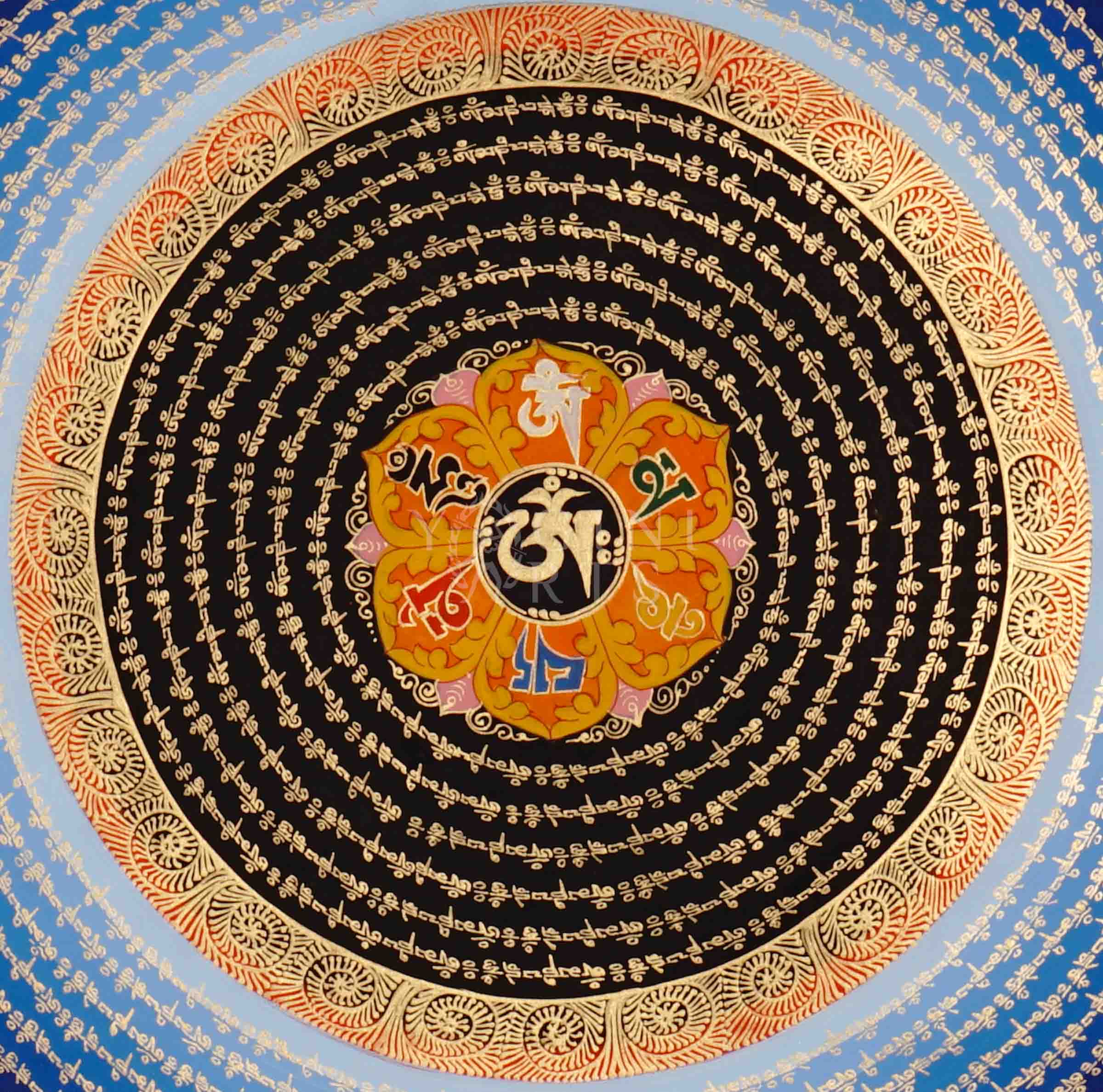 Hand-painted Mantra Mandala Thangka with concentric golden Tibetan mantra script, central seed syllable, and traditional auspicious symbols in the corners.