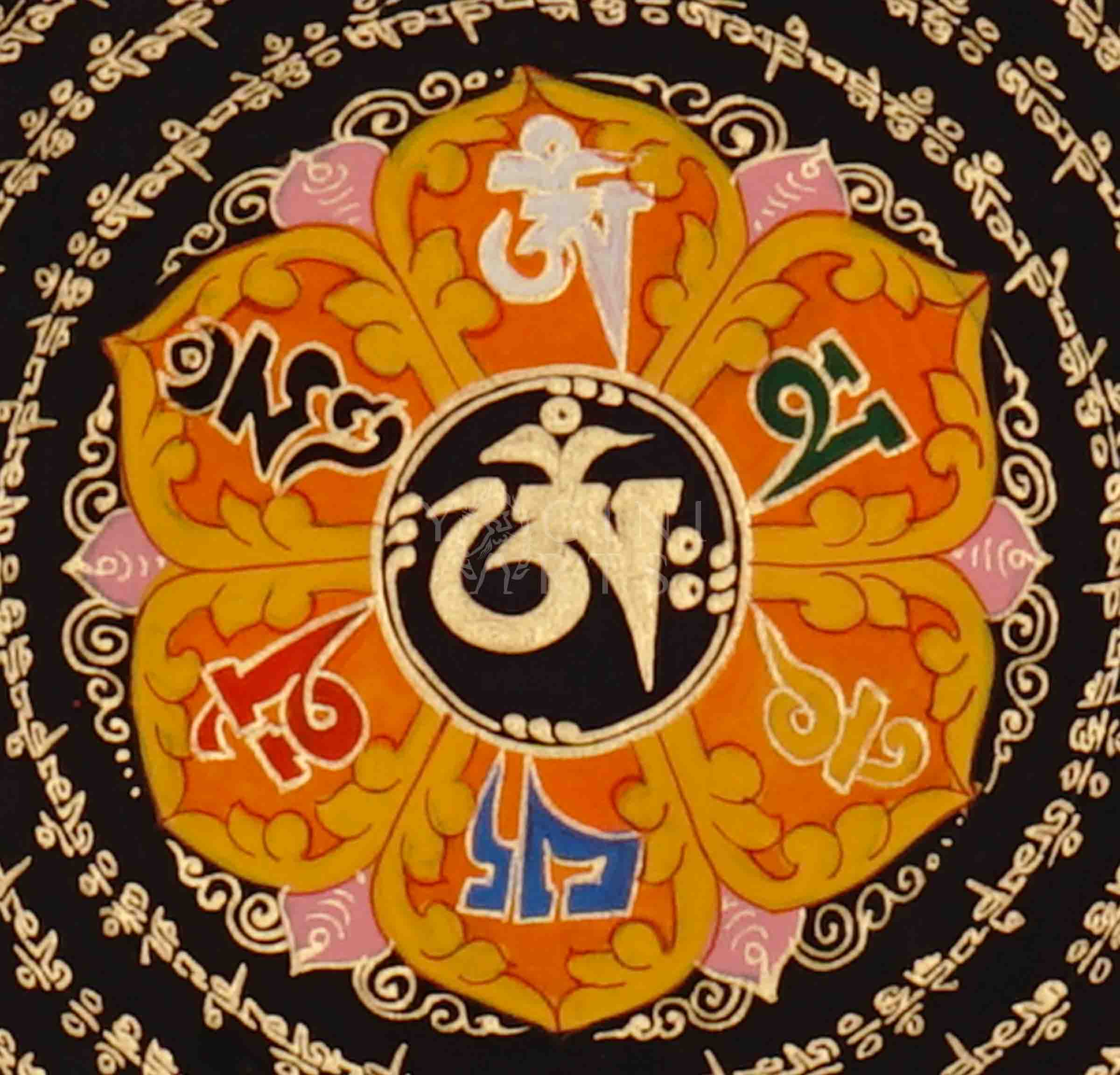 Hand-painted Mantra Mandala Thangka with concentric golden Tibetan mantra script, central seed syllable, and traditional auspicious symbols in the corners.