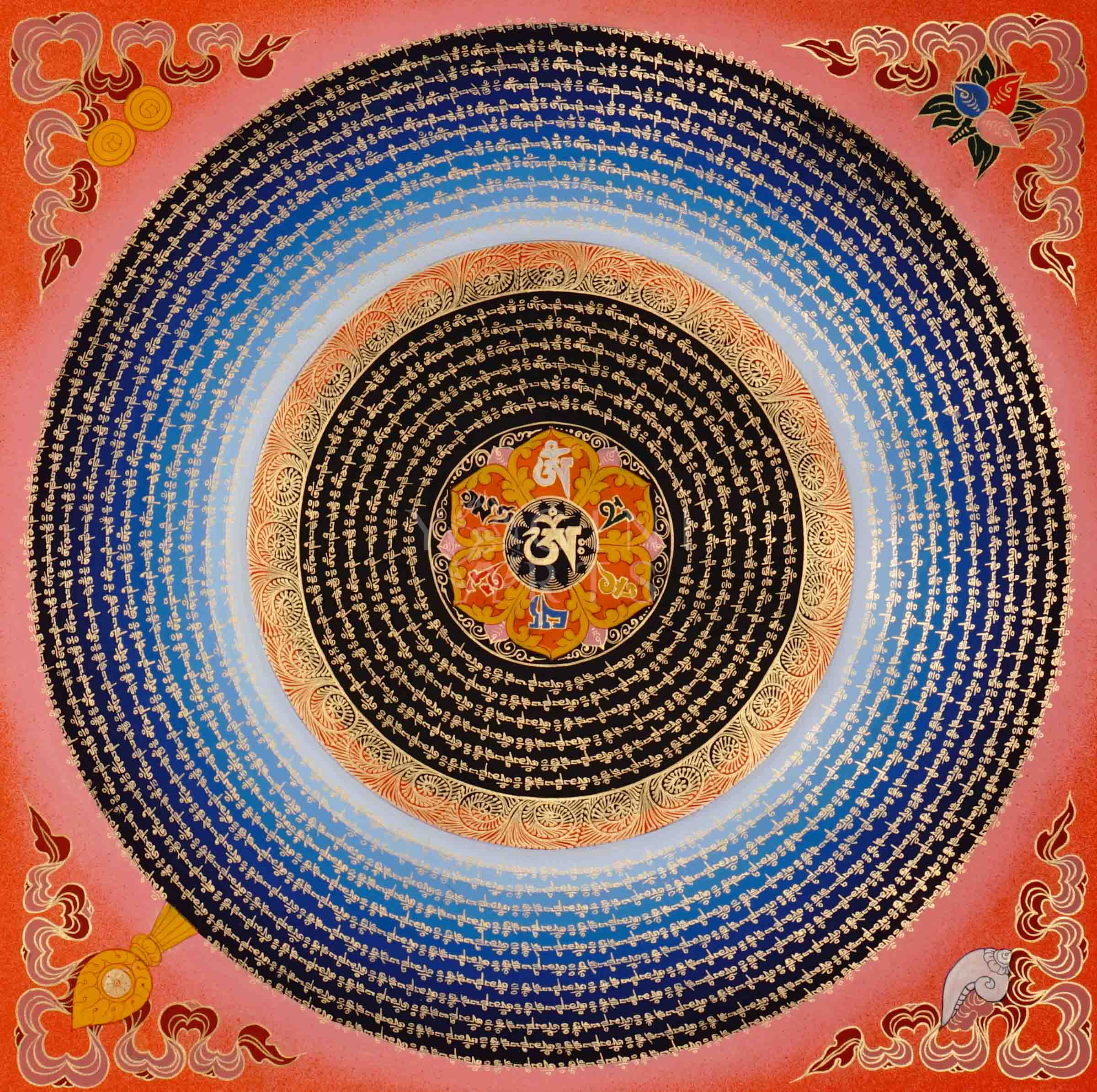 Hand-painted Mantra Mandala Thangka with concentric golden Tibetan mantra inscriptions, central seed syllable, and traditional auspicious motifs on coral background.