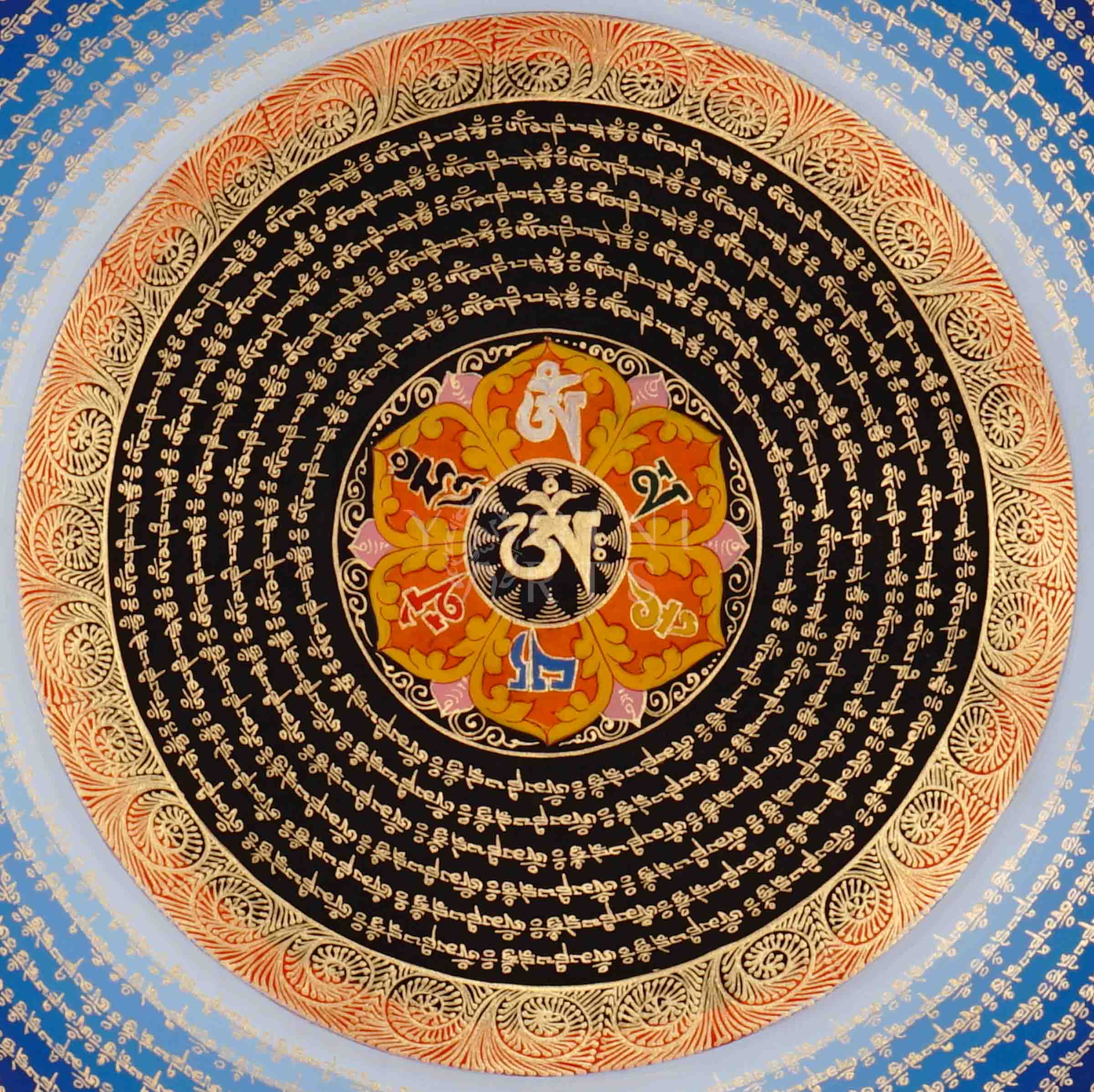 Hand-painted Mantra Mandala Thangka with concentric golden Tibetan mantra inscriptions, central seed syllable, and traditional auspicious motifs on coral background.