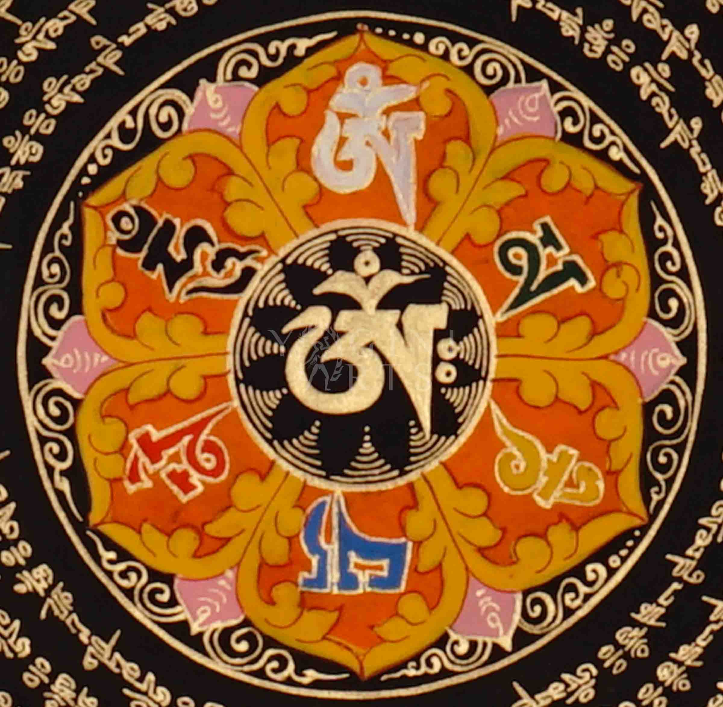 Hand-painted Mantra Mandala Thangka with concentric golden Tibetan mantra inscriptions, central seed syllable, and traditional auspicious motifs on coral background.