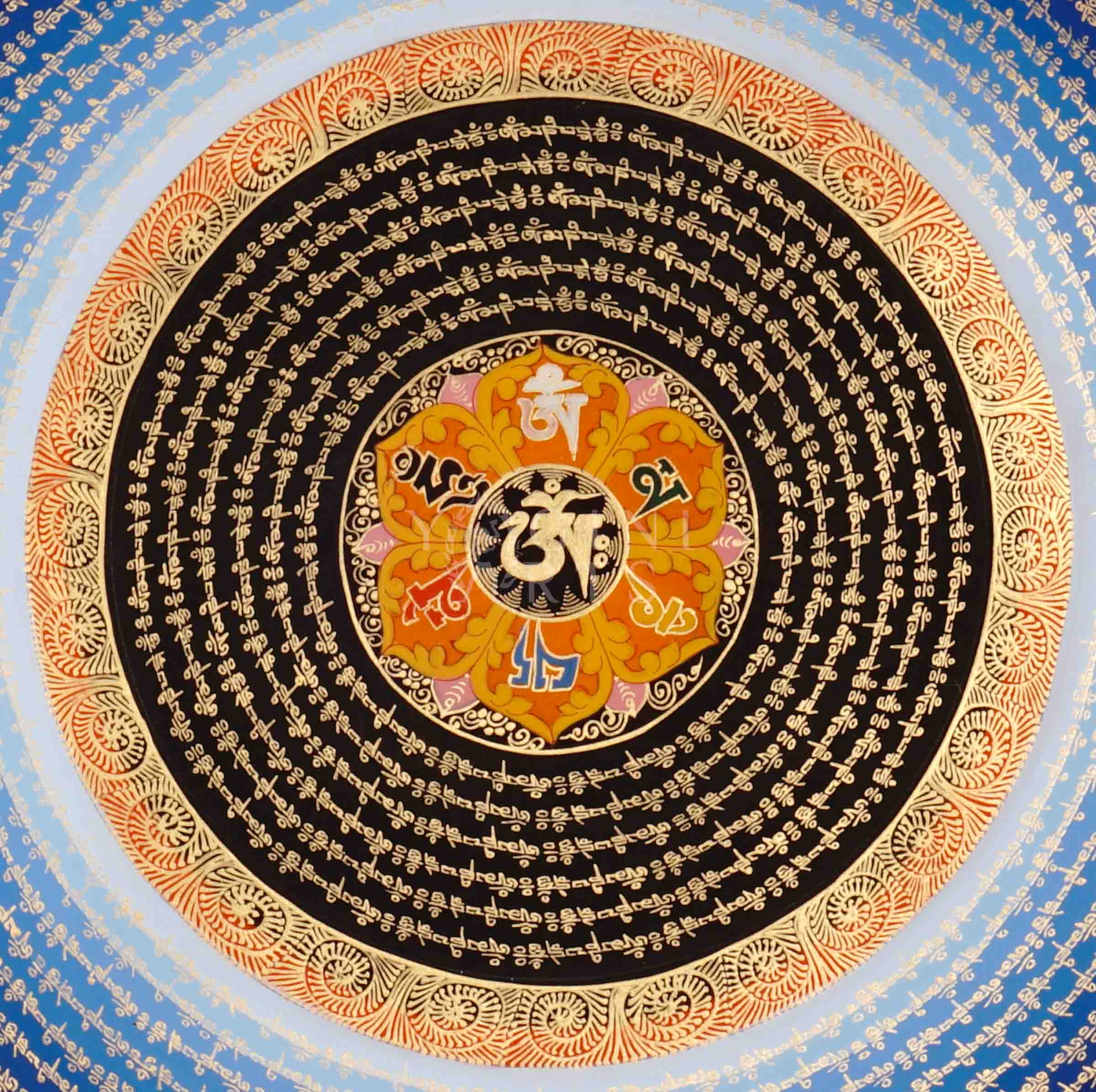 Hand-painted Golden Mantra Mandala Thangka featuring concentric Tibetan mantra inscriptions, central seed syllable, and auspicious symbols on vibrant yellow background.