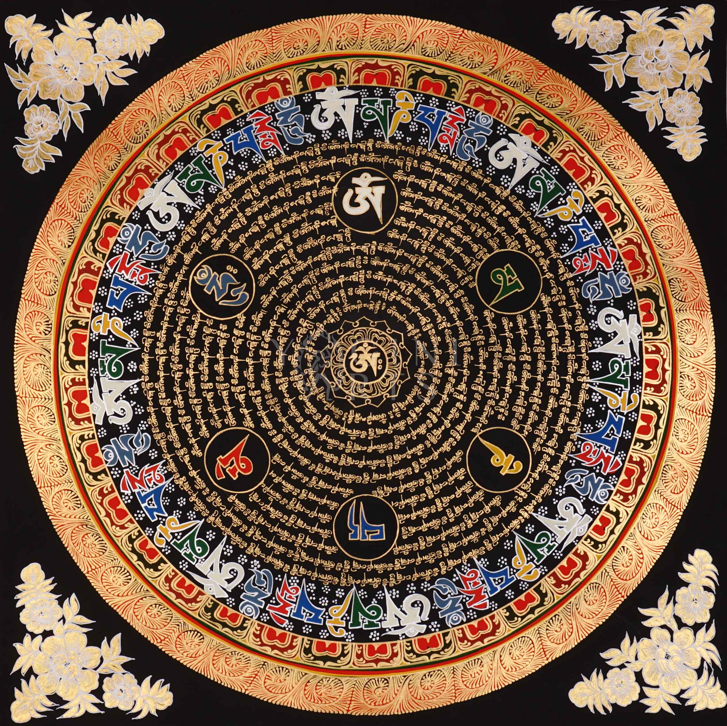 Black Tibetan mantra mandala thangka with concentric gold script circles and central sacred syllable representing meditation and sacred geometry.