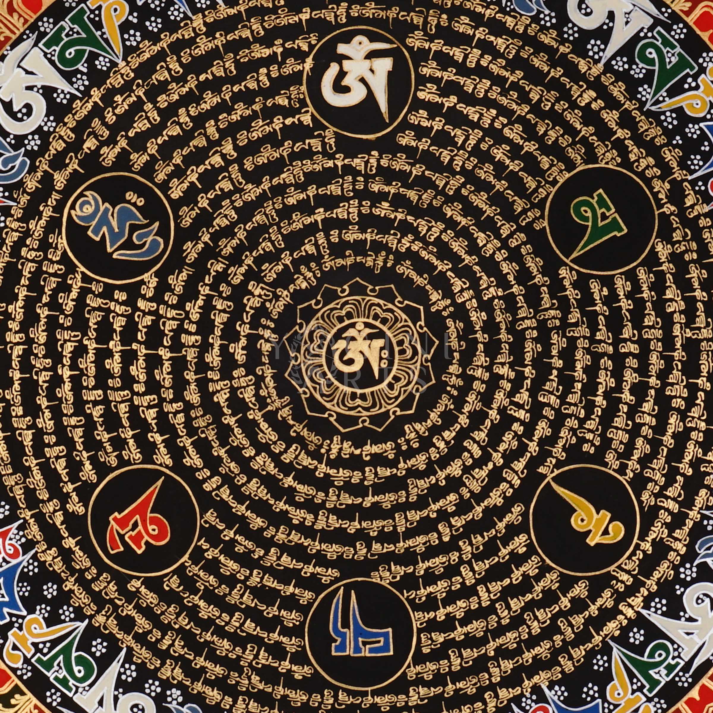 Black Tibetan mantra mandala thangka with concentric gold script circles and central sacred syllable representing meditation and sacred geometry.