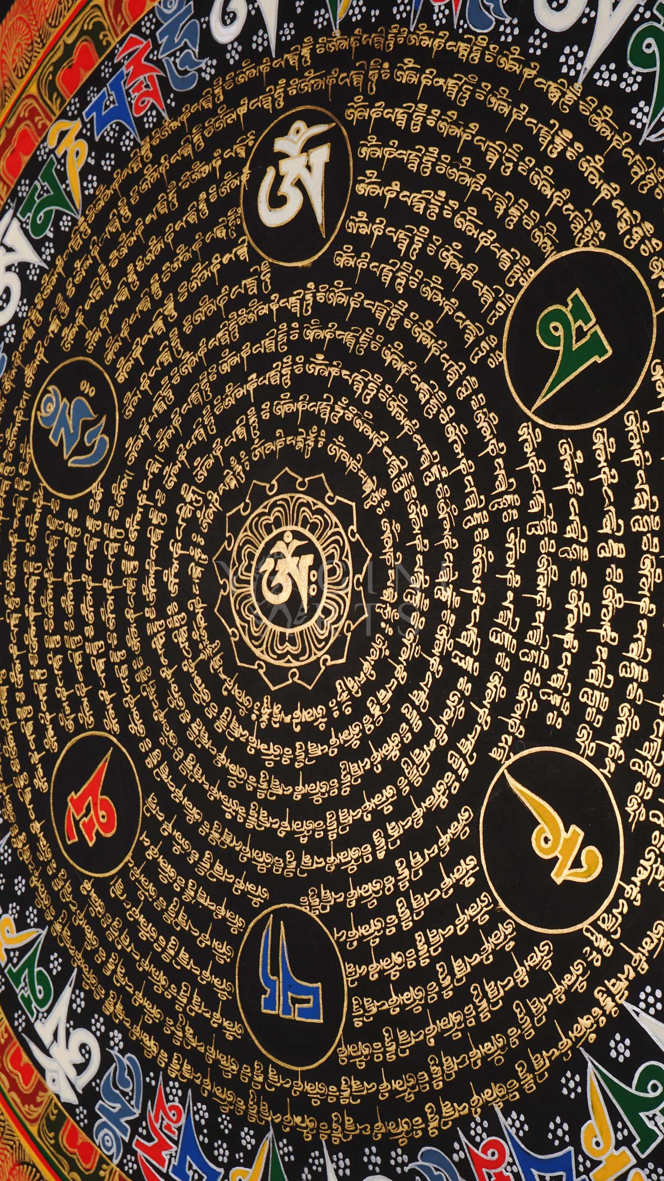 Black Tibetan mantra mandala thangka with concentric gold script circles and central sacred syllable representing meditation and sacred geometry.
