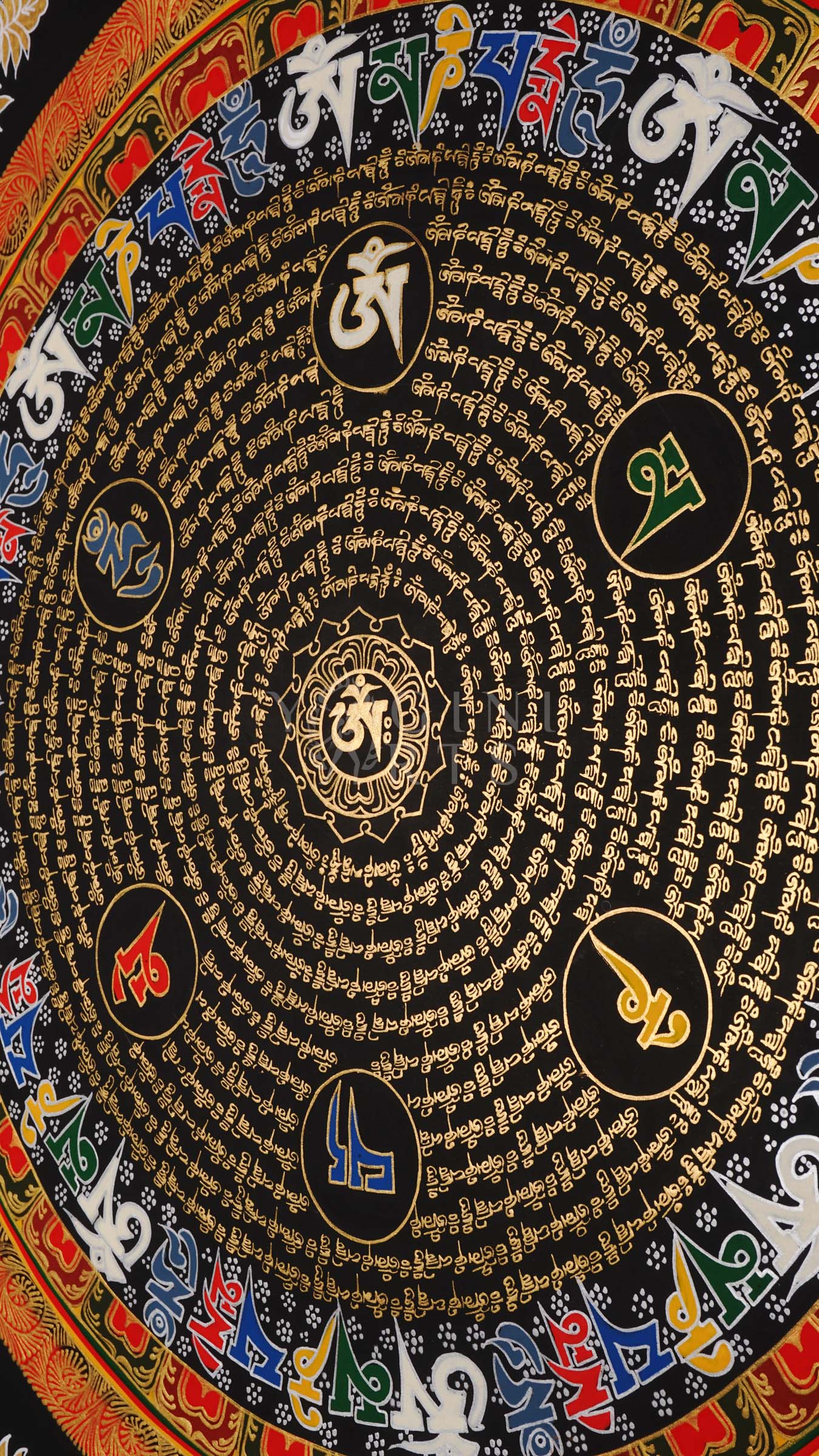 Black Tibetan mantra mandala thangka with concentric gold script circles and central sacred syllable representing meditation and sacred geometry.