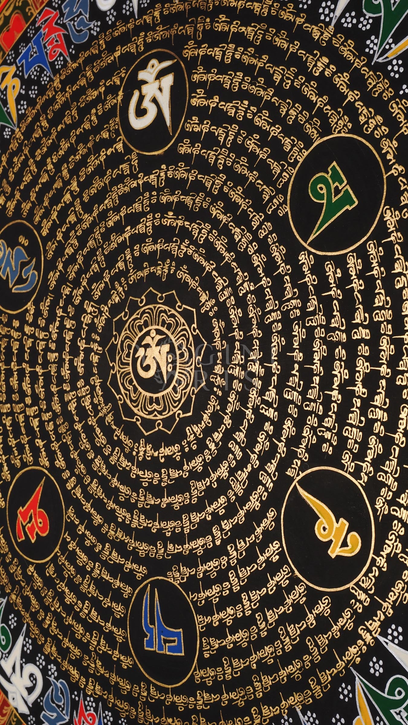 Black Tibetan mantra mandala thangka with concentric gold script circles and central sacred syllable representing meditation and sacred geometry.