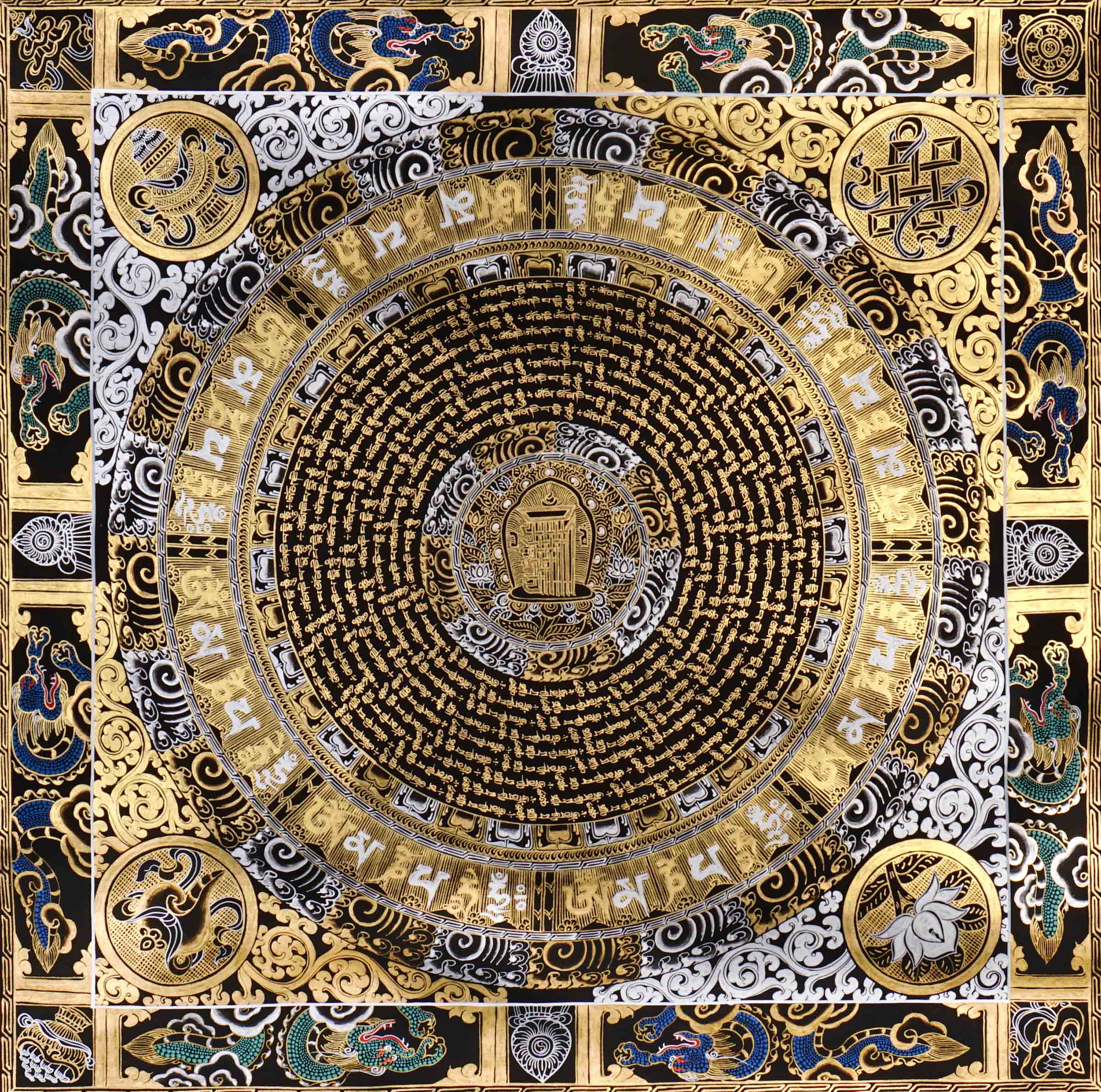 Mantra mandala thangka featuring sacred Buddhist calligraphy, gold detailing, concentric geometric patterns, and traditional Himalayan spiritual symbolism