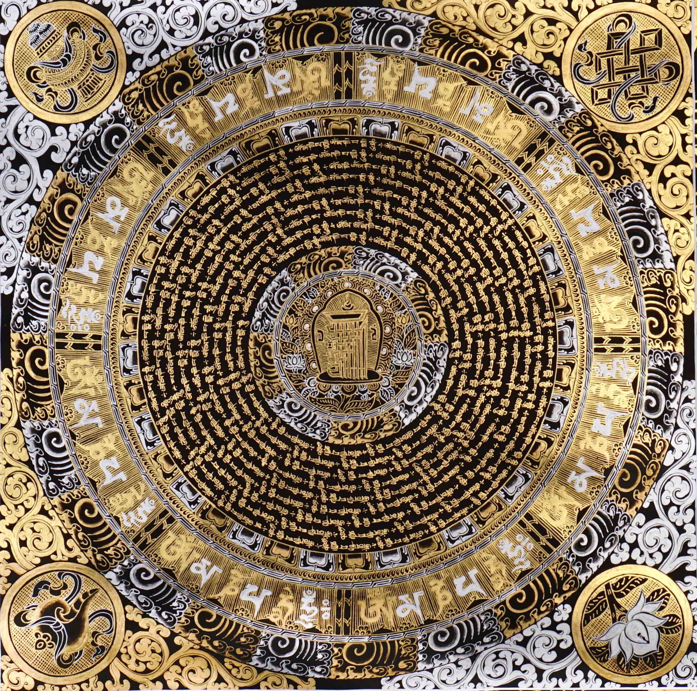Mantra mandala thangka featuring sacred Buddhist calligraphy, gold detailing, concentric geometric patterns, and traditional Himalayan spiritual symbolism