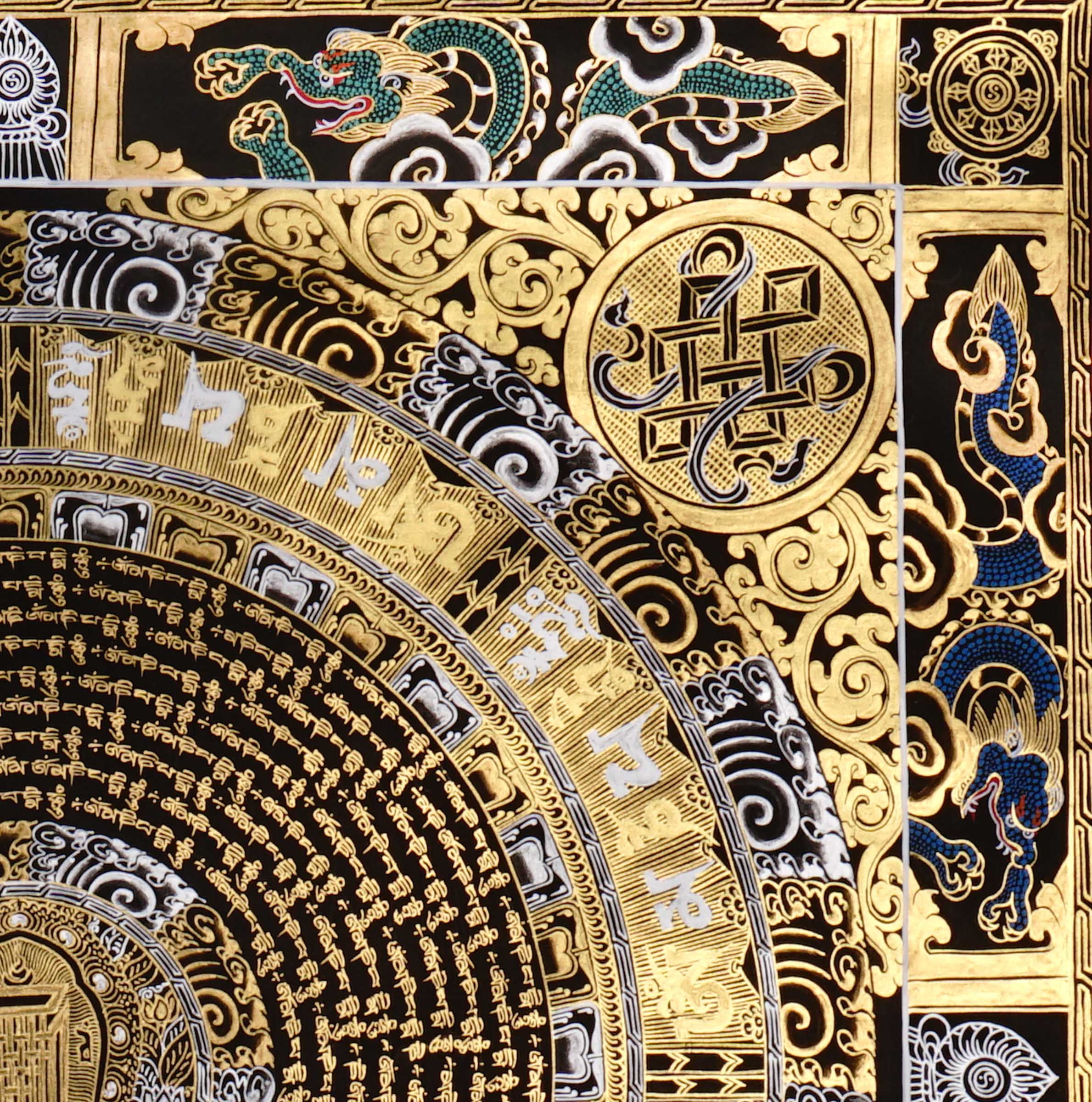 Mantra mandala thangka featuring sacred Buddhist calligraphy, gold detailing, concentric geometric patterns, and traditional Himalayan spiritual symbolism