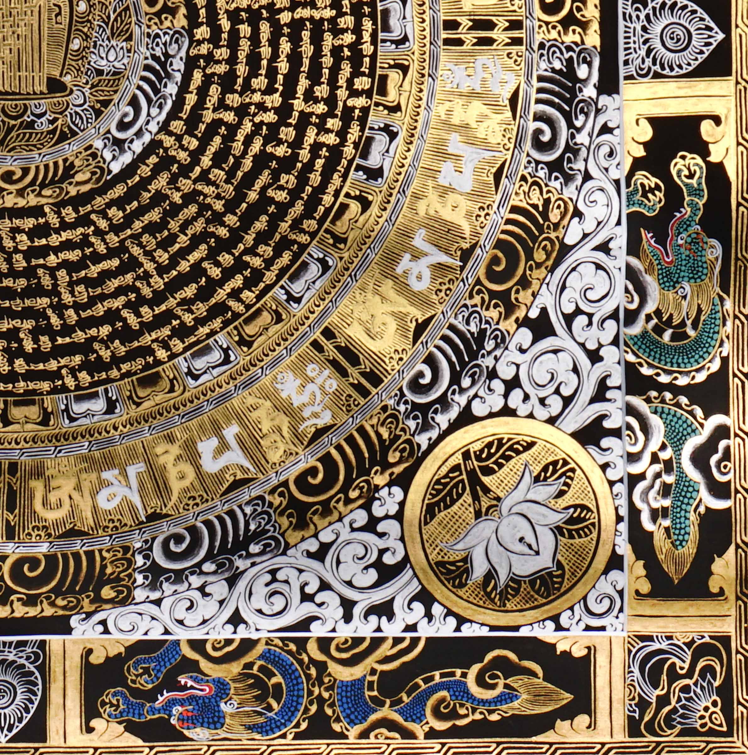 Mantra mandala thangka featuring sacred Buddhist calligraphy, gold detailing, concentric geometric patterns, and traditional Himalayan spiritual symbolism