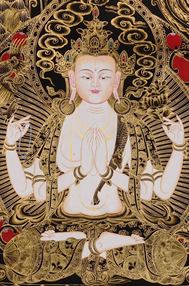 Gold-on-black Chenrezig thangka depicting Avalokiteshvara, the four-armed Bodhisattva of compassion.