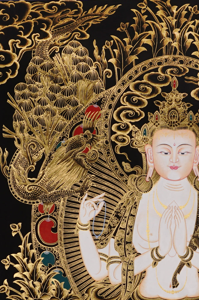 Gold-on-black Chenrezig thangka depicting Avalokiteshvara, the four-armed Bodhisattva of compassion.