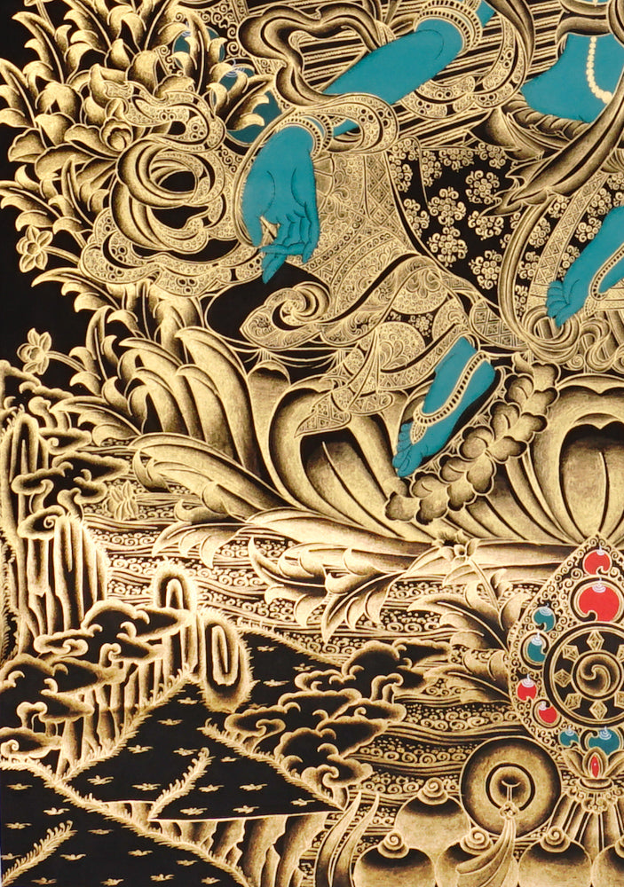 Gold-on-black Green Tara thangka showing the Buddhist goddess seated on a lotus throne surrounded by intricate gold floral and bird motifs.