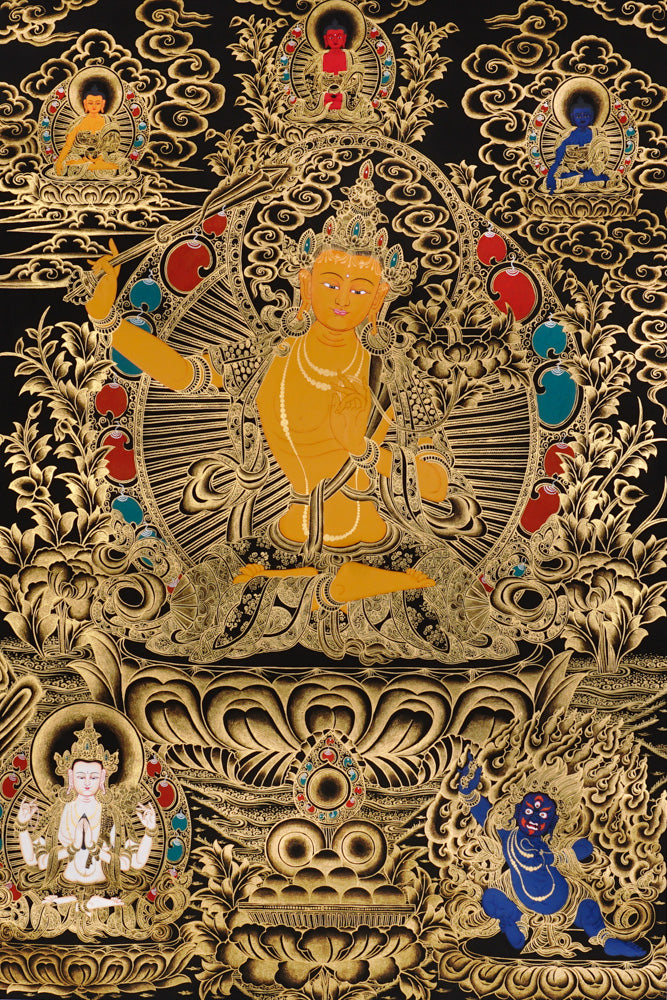 Gold-on-black Manjushri thangka depicting the Bodhisattva of wisdom holding the flaming sword and lotus scripture.