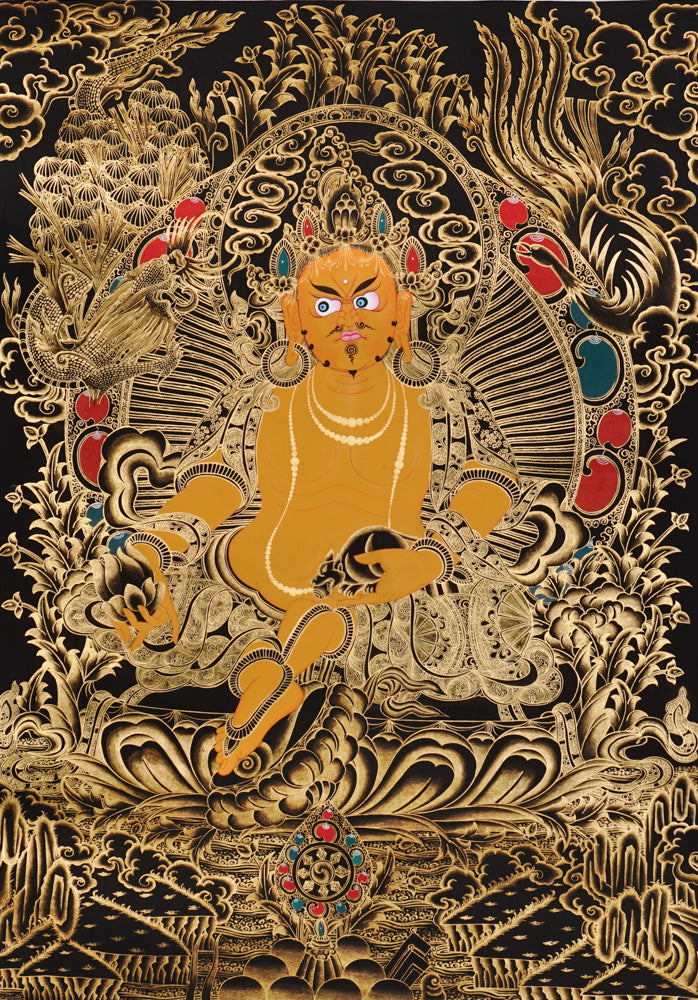 Gold-on-black Zambhala thangka depicting the Tibetan Buddhist wealth deity holding a jewel and mongoose.
