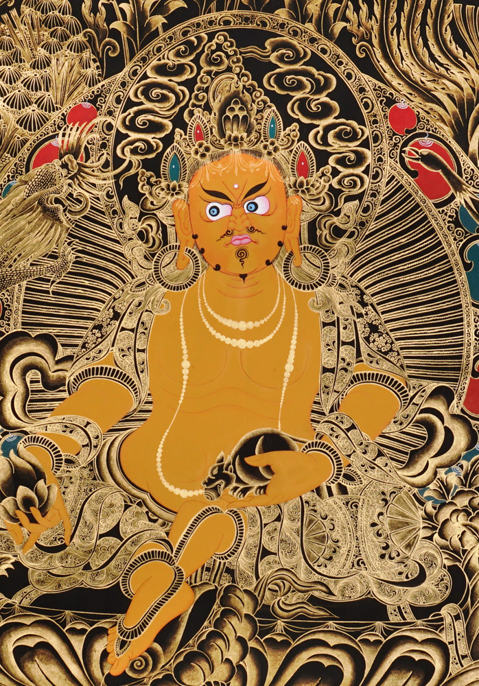 Gold-on-black Zambhala thangka depicting the Tibetan Buddhist wealth deity holding a jewel and mongoose.