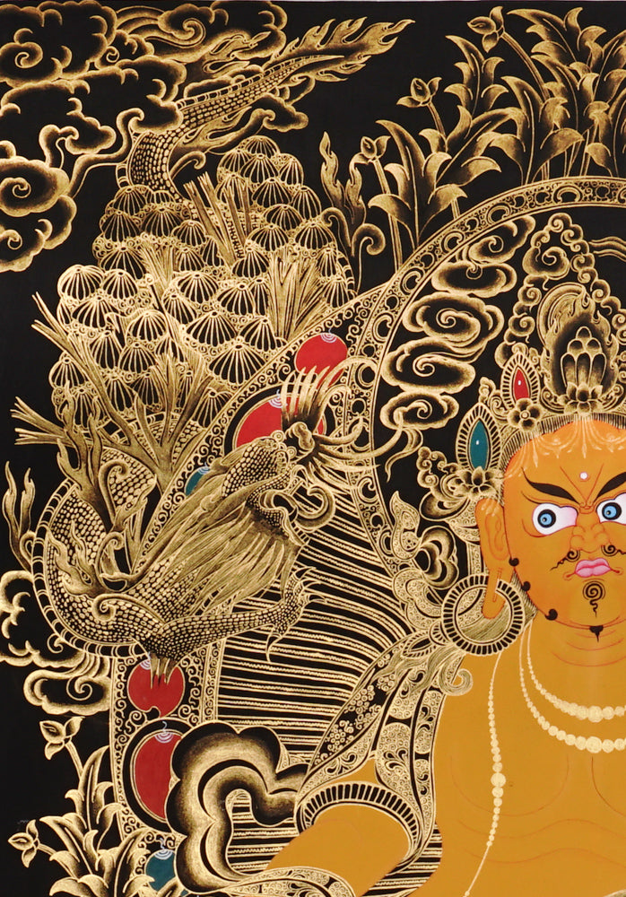 Gold-on-black Zambhala thangka depicting the Tibetan Buddhist wealth deity holding a jewel and mongoose.