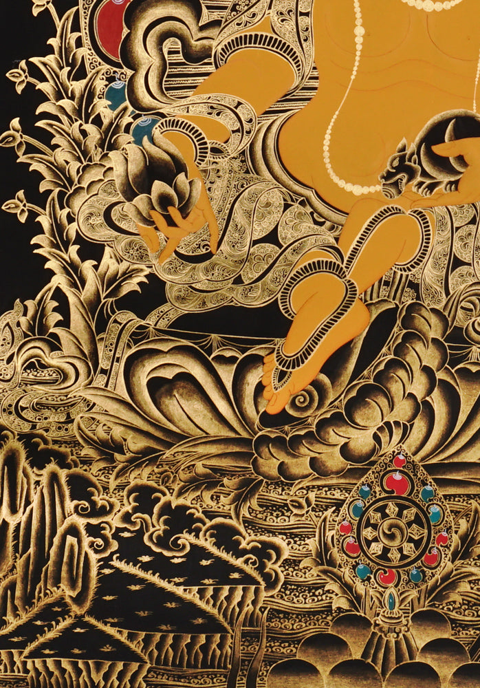 Gold-on-black Zambhala thangka depicting the Tibetan Buddhist wealth deity holding a jewel and mongoose.