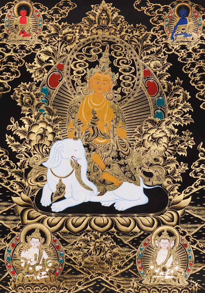 Gold-on-black Samantabhadra thangka depicting the Bodhisattva of universal virtue seated on a white elephant.